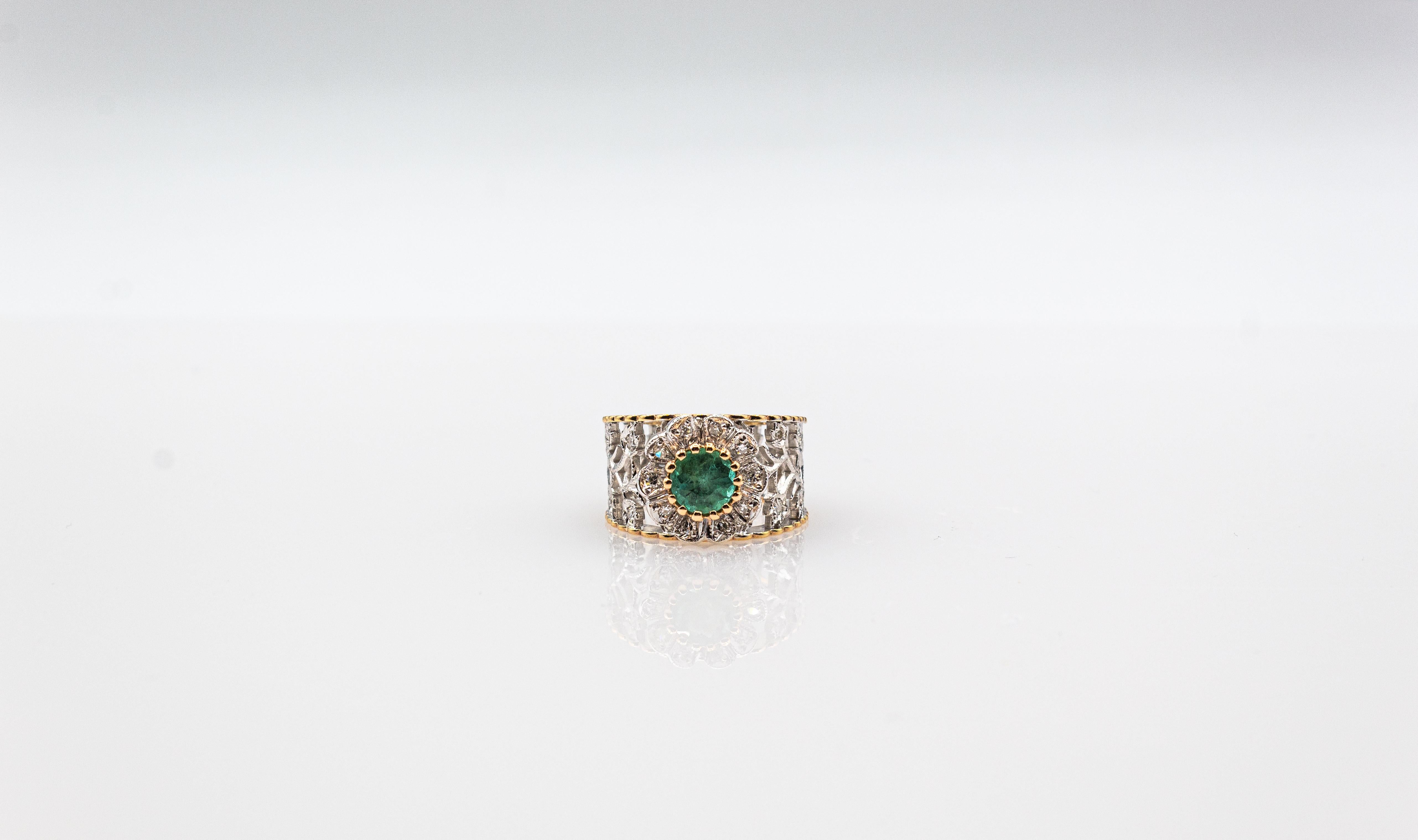 Art Deco Style White Modern Round Cut Diamond Emerald Yellow Gold Band Ring For Sale 7