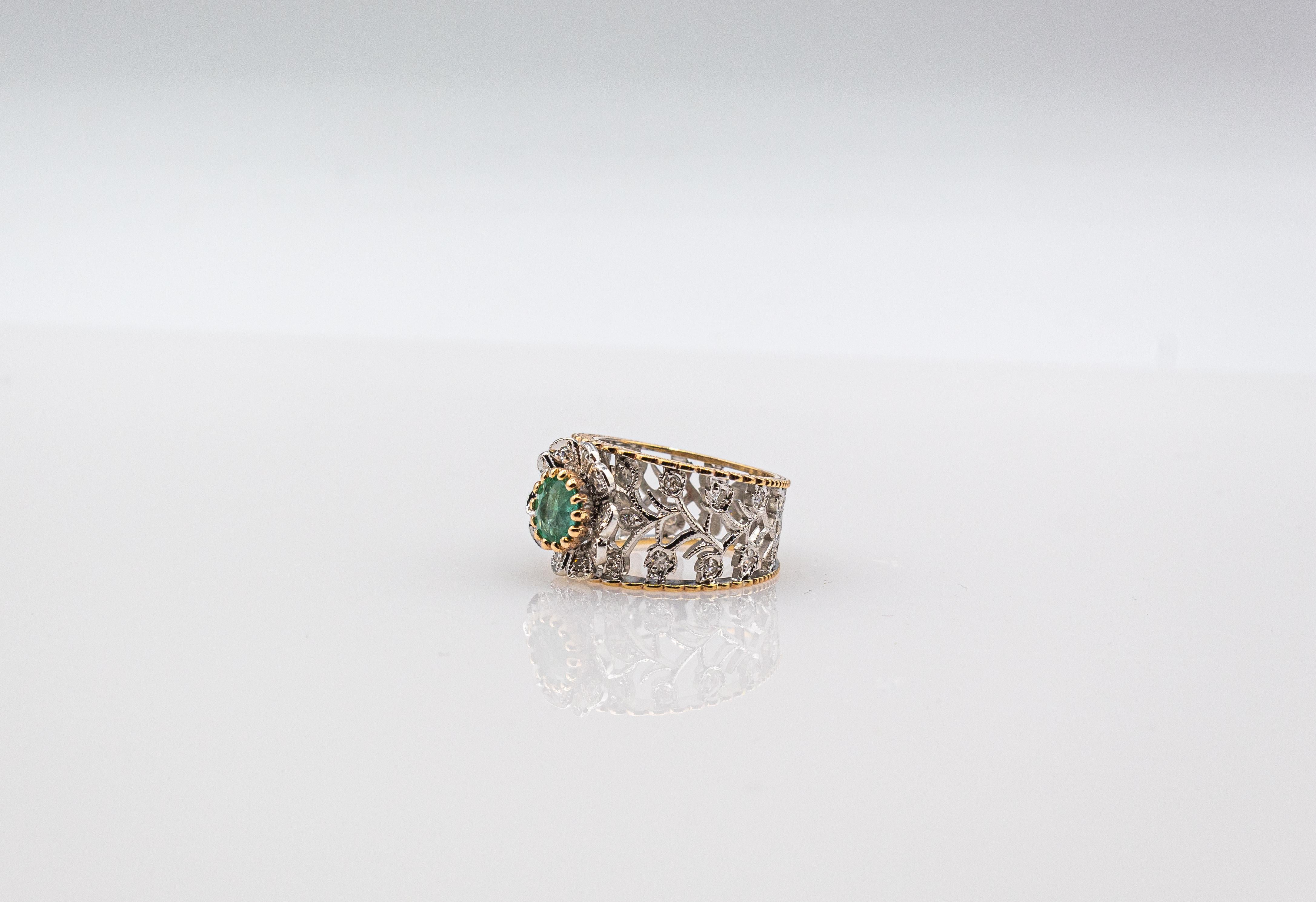 Art Deco Style White Modern Round Cut Diamond Emerald Yellow Gold Band Ring For Sale 8