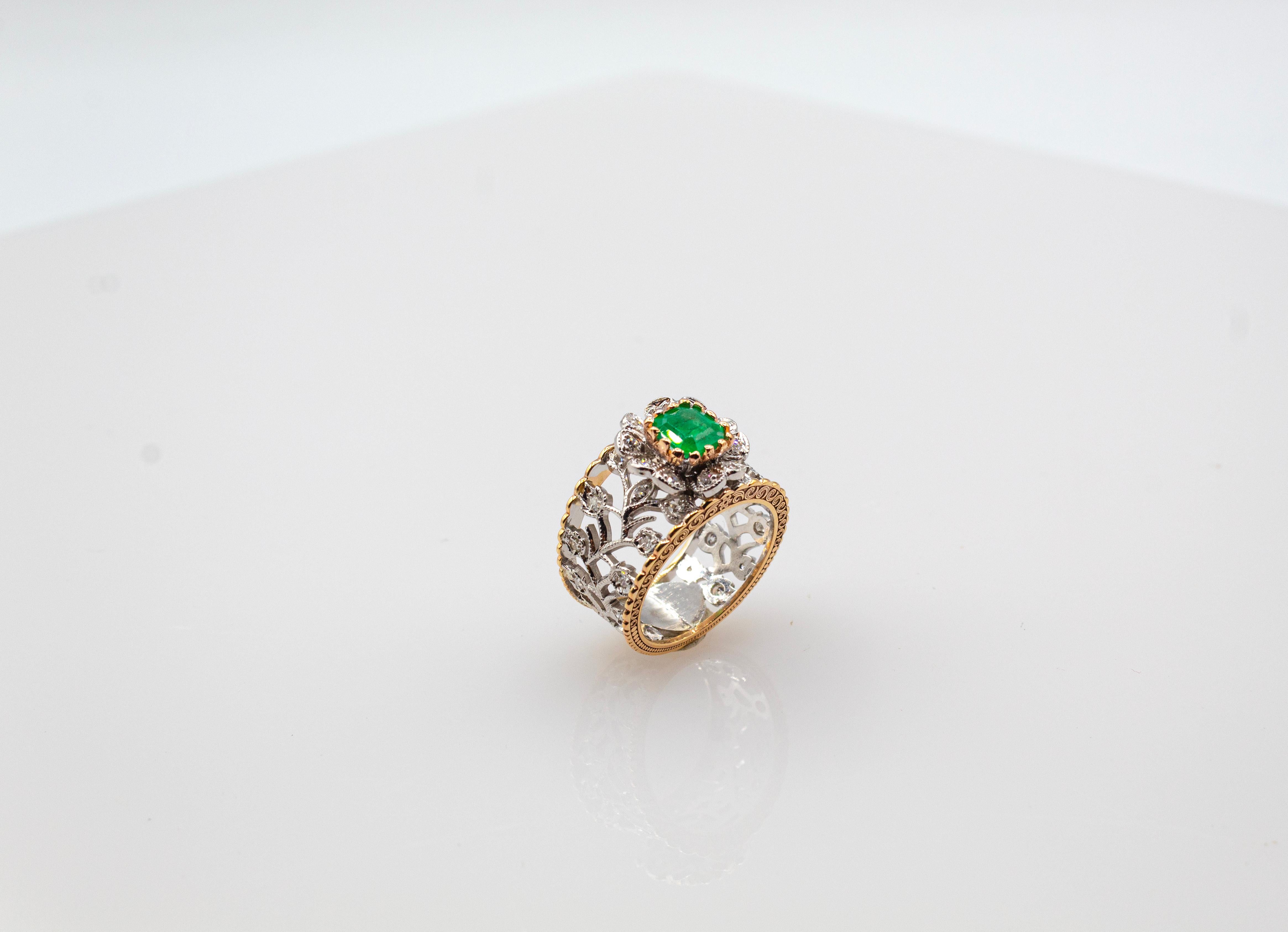 Art Deco Style White Modern Round Cut Diamond Emerald Yellow Gold Band Ring For Sale 8
