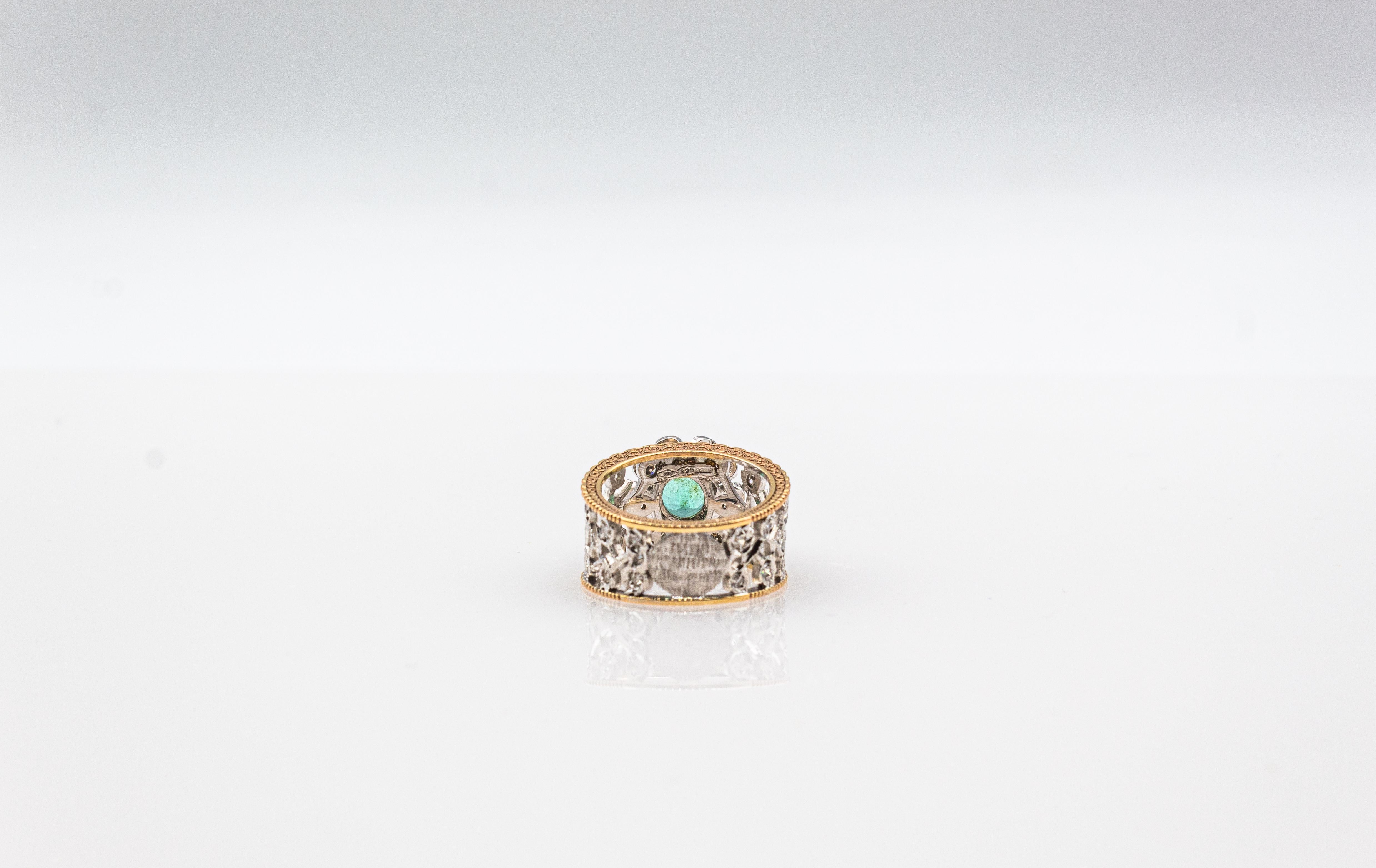 Art Deco Style White Modern Round Cut Diamond Emerald Yellow Gold Band Ring For Sale 9