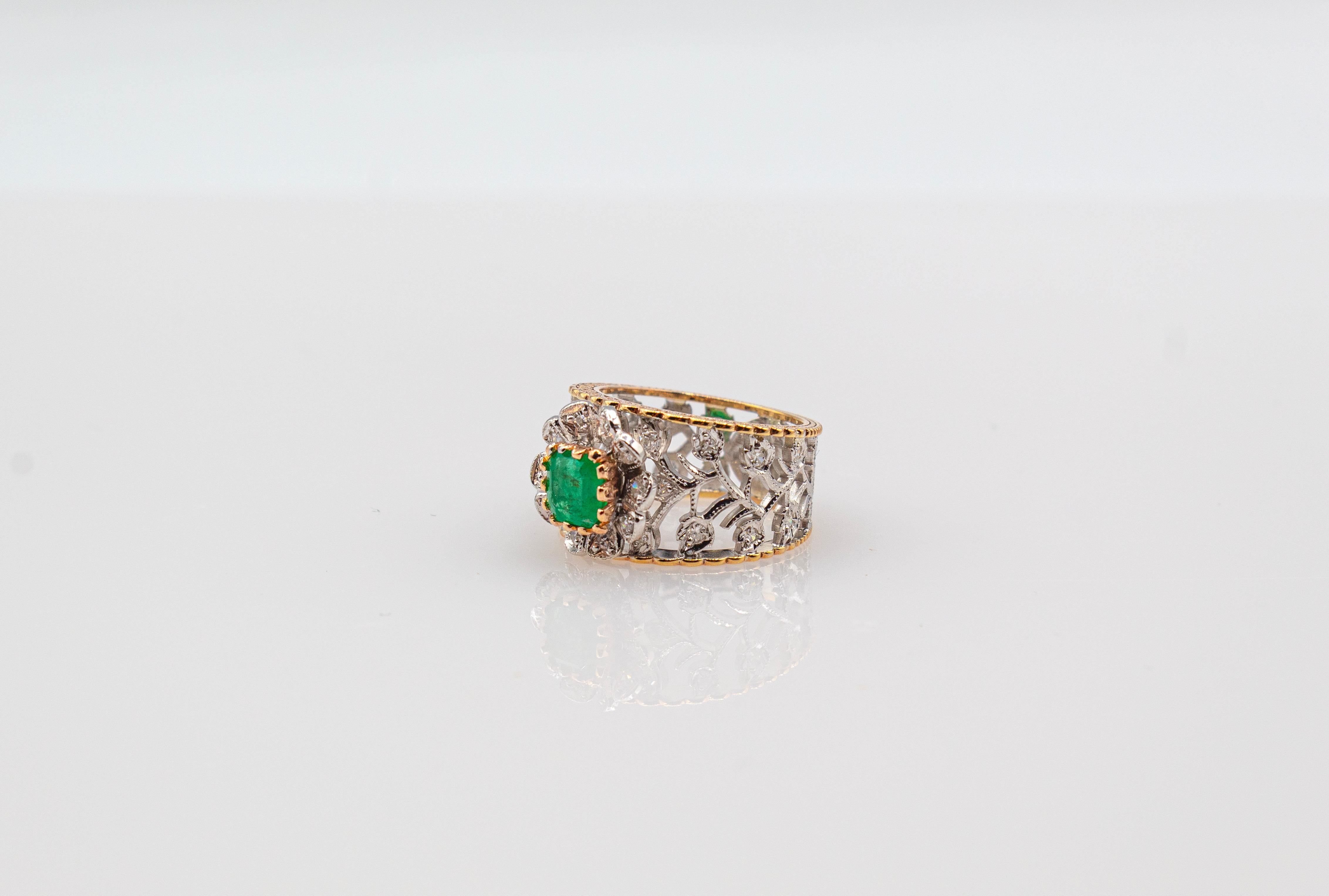 Art Deco Style White Modern Round Cut Diamond Emerald Yellow Gold Band Ring For Sale 10