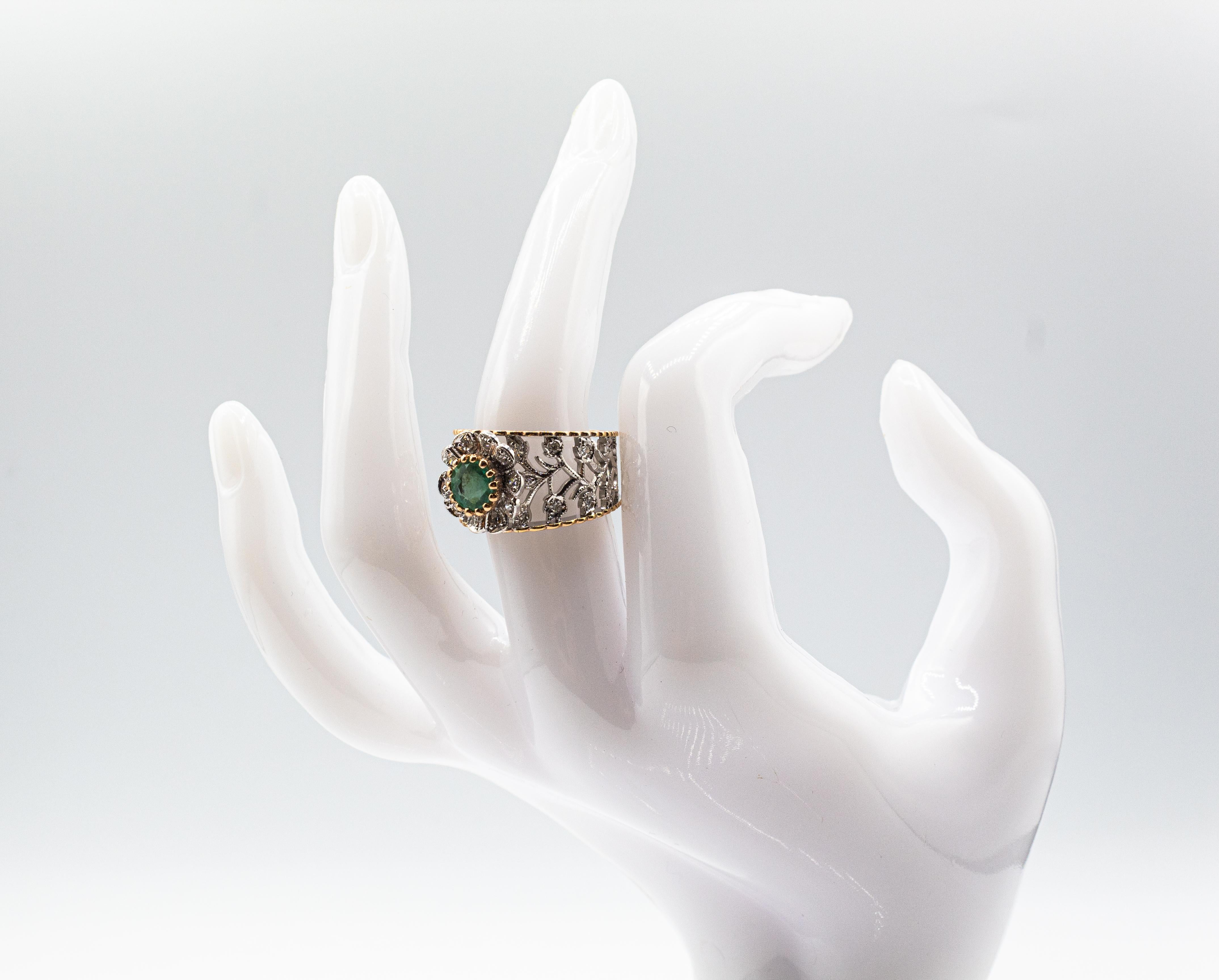 Art Deco Style White Modern Round Cut Diamond Emerald Yellow Gold Band Ring For Sale 12