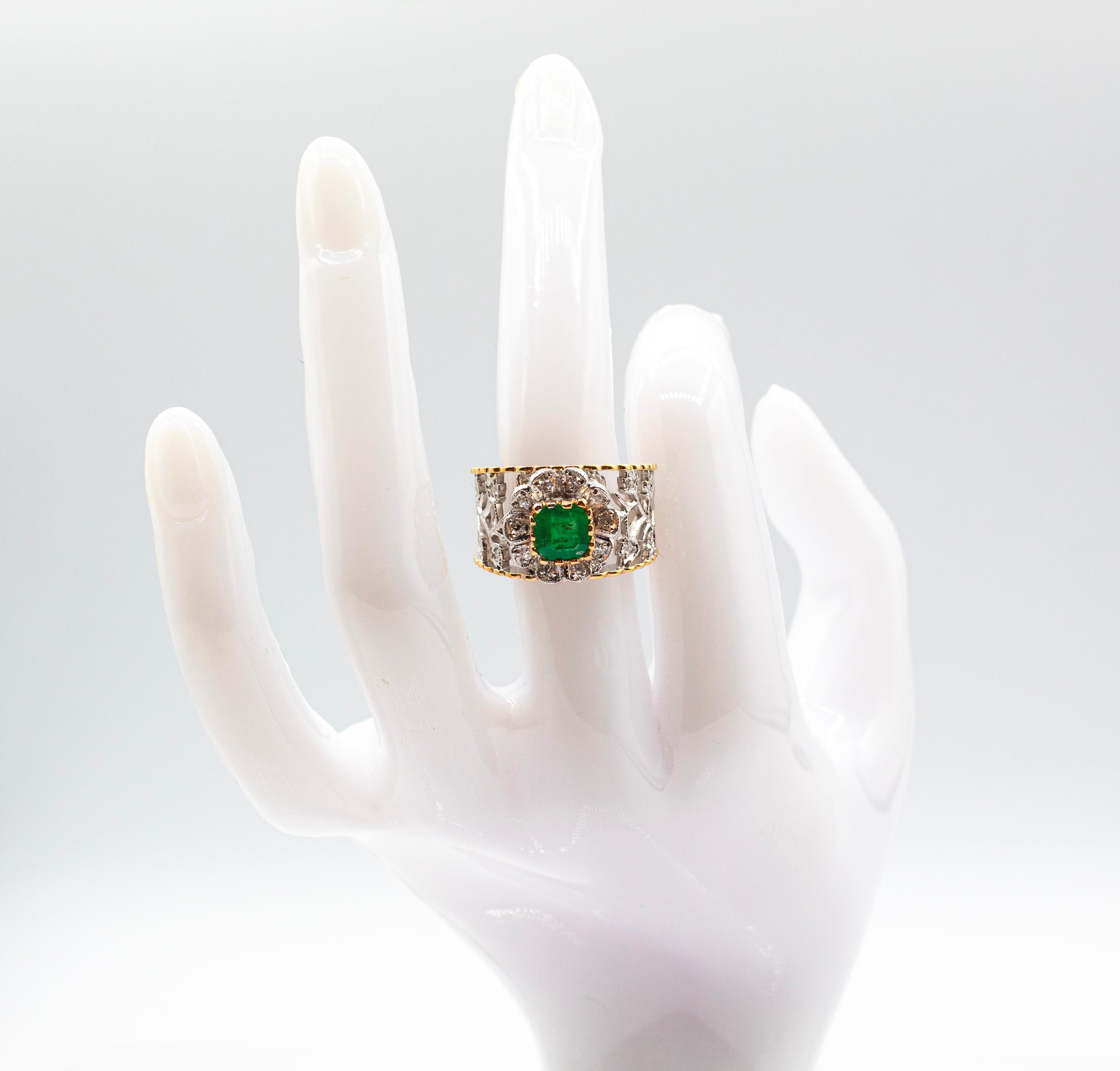 Bandring im Art-déco-Stil, Weißer moderner weißer Diamant im Rundschliff, Smaragd, Gelbgold im Angebot 12