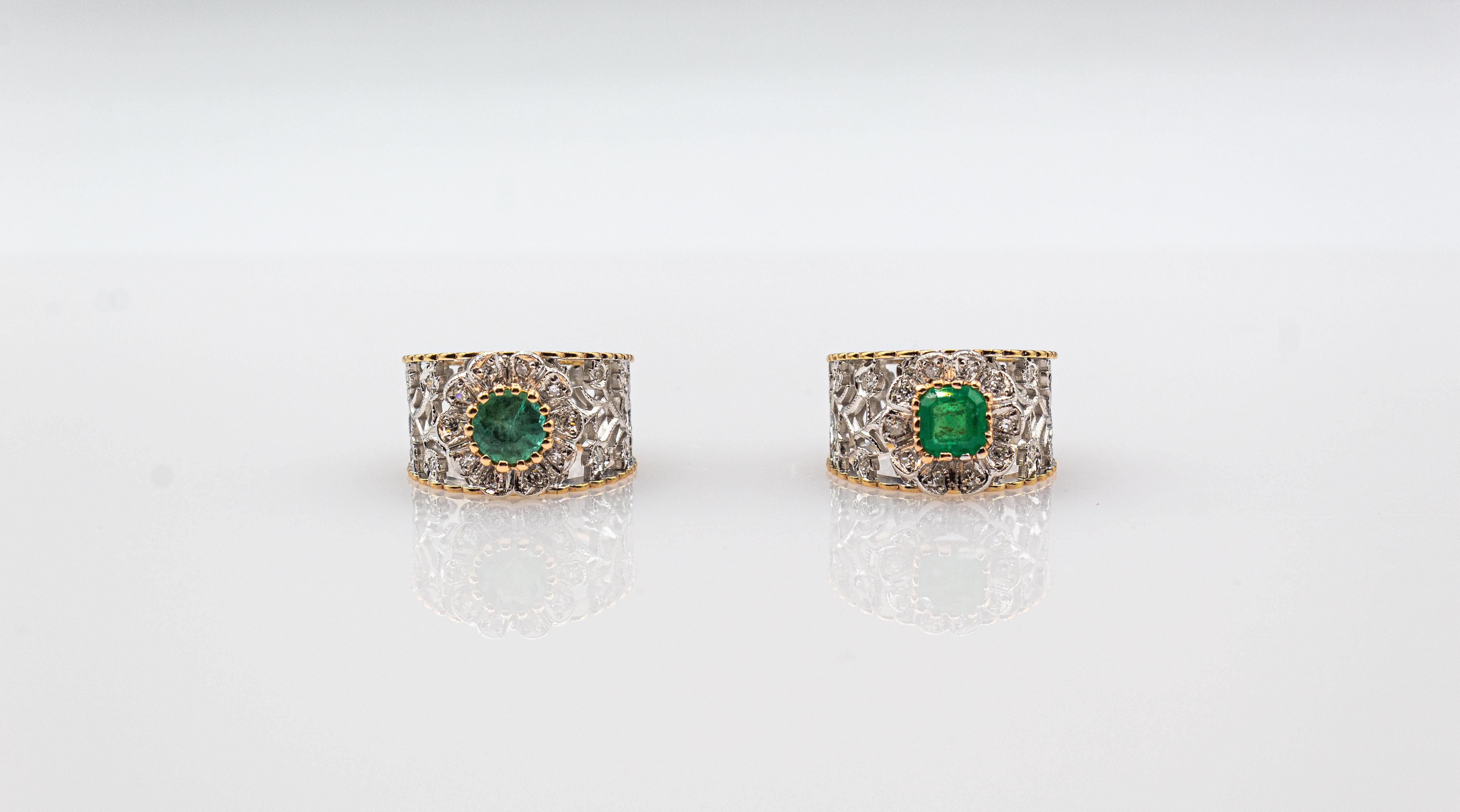 Bandring im Art-déco-Stil, Weißer moderner weißer Diamant im Rundschliff, Smaragd, Gelbgold im Angebot 12