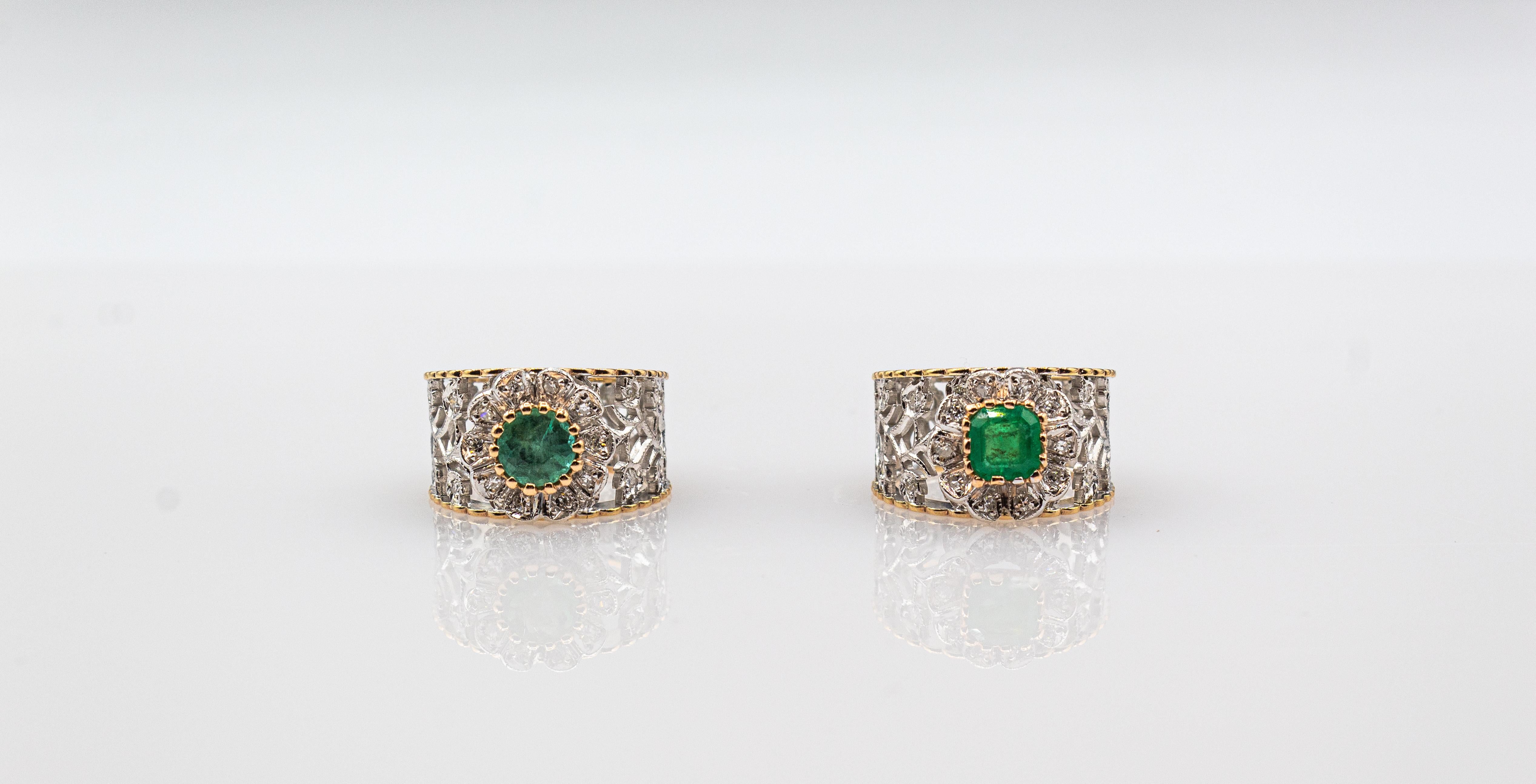 Bandring im Art-déco-Stil, Weißer moderner weißer Diamant im Rundschliff, Smaragd, Gelbgold im Angebot 13