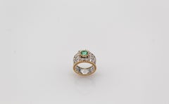Art Deco Style White Modern Round Cut Diamond Emerald Yellow Gold Band Ring
