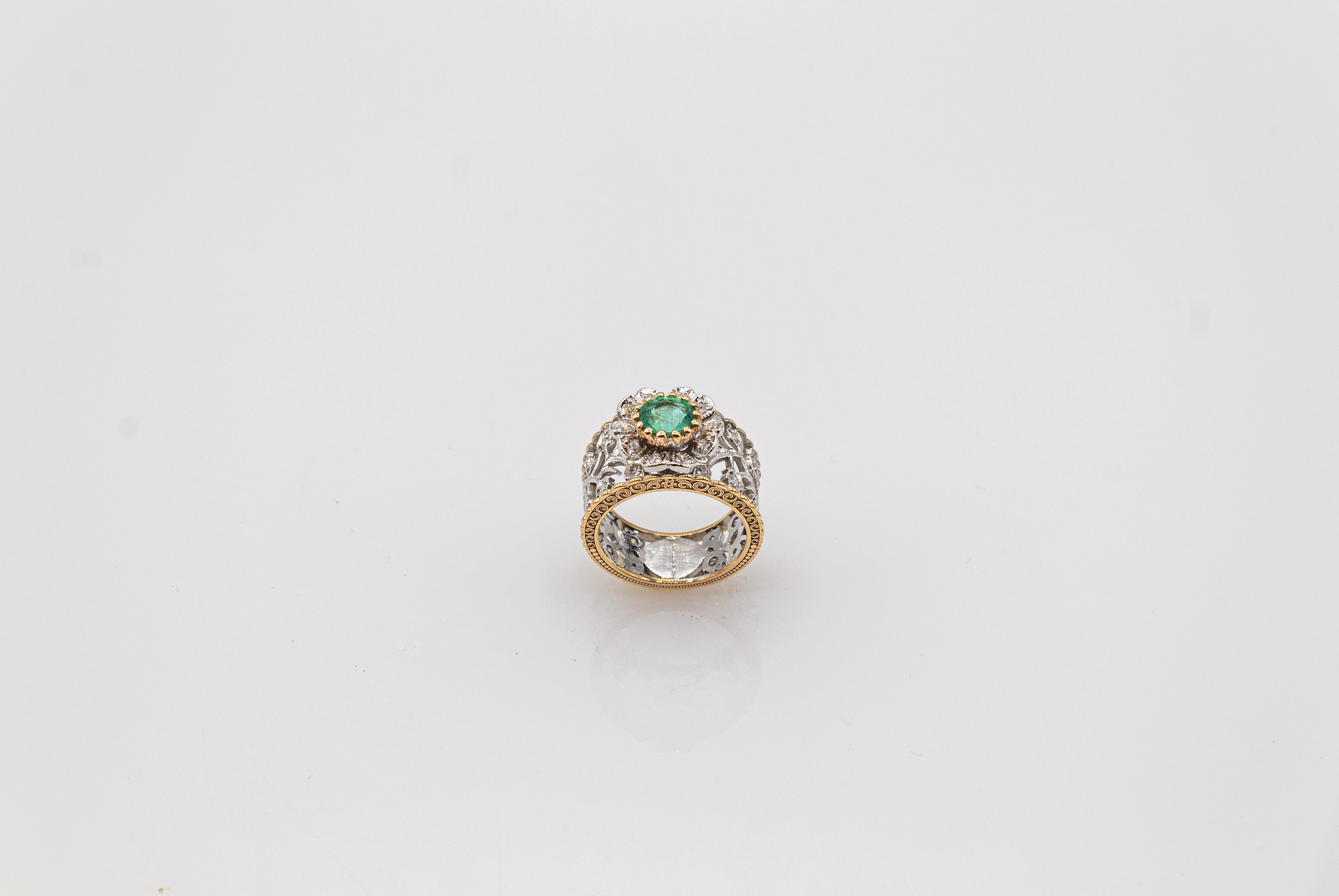 Bandring im Art-déco-Stil, Weißer moderner weißer Diamant im Rundschliff, Smaragd, Gelbgold (Art déco) im Angebot