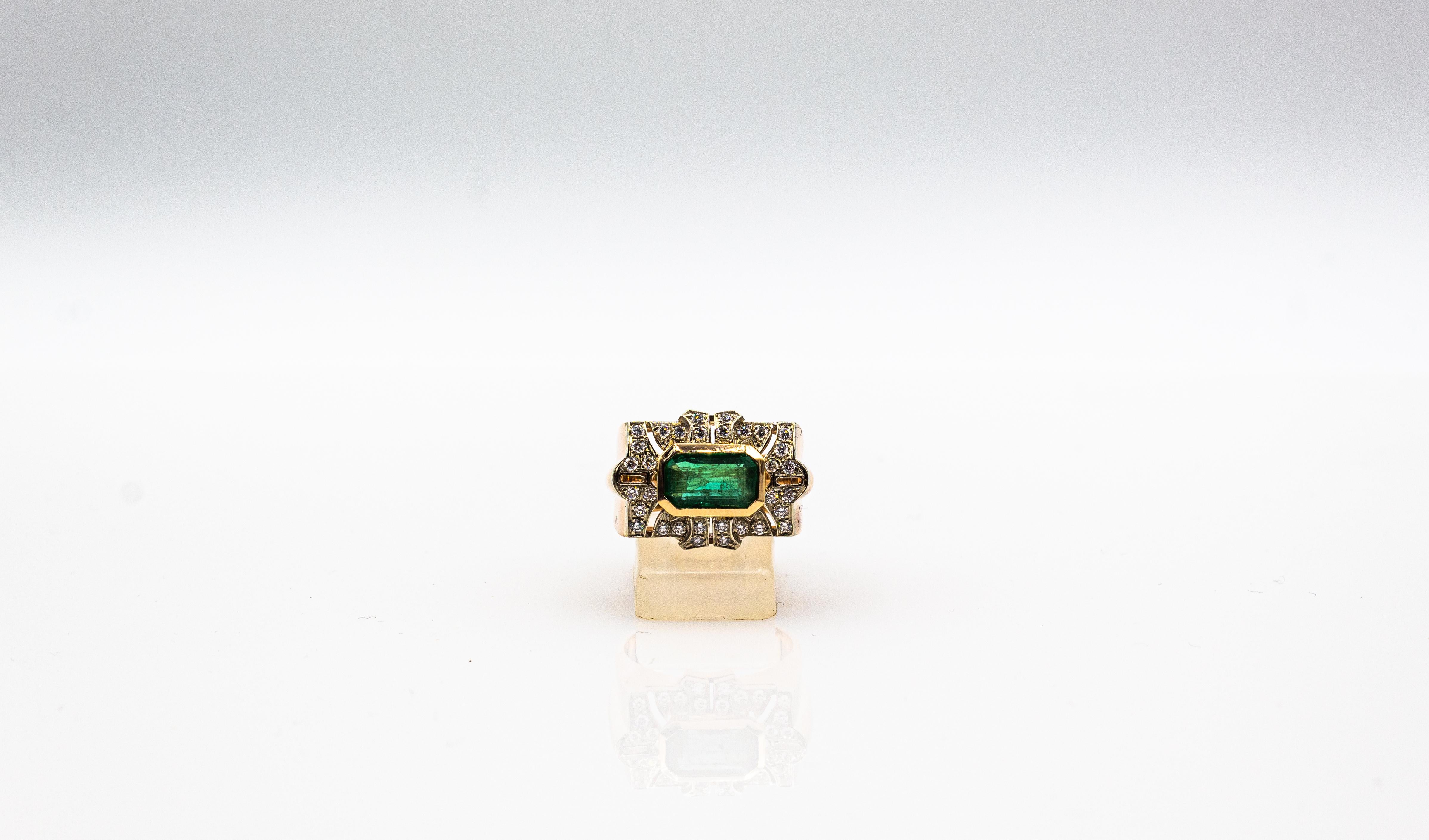 Art Deco Style White Modern Round Cut Diamond Emerald Yellow Gold Cocktail Ring For Sale 5
