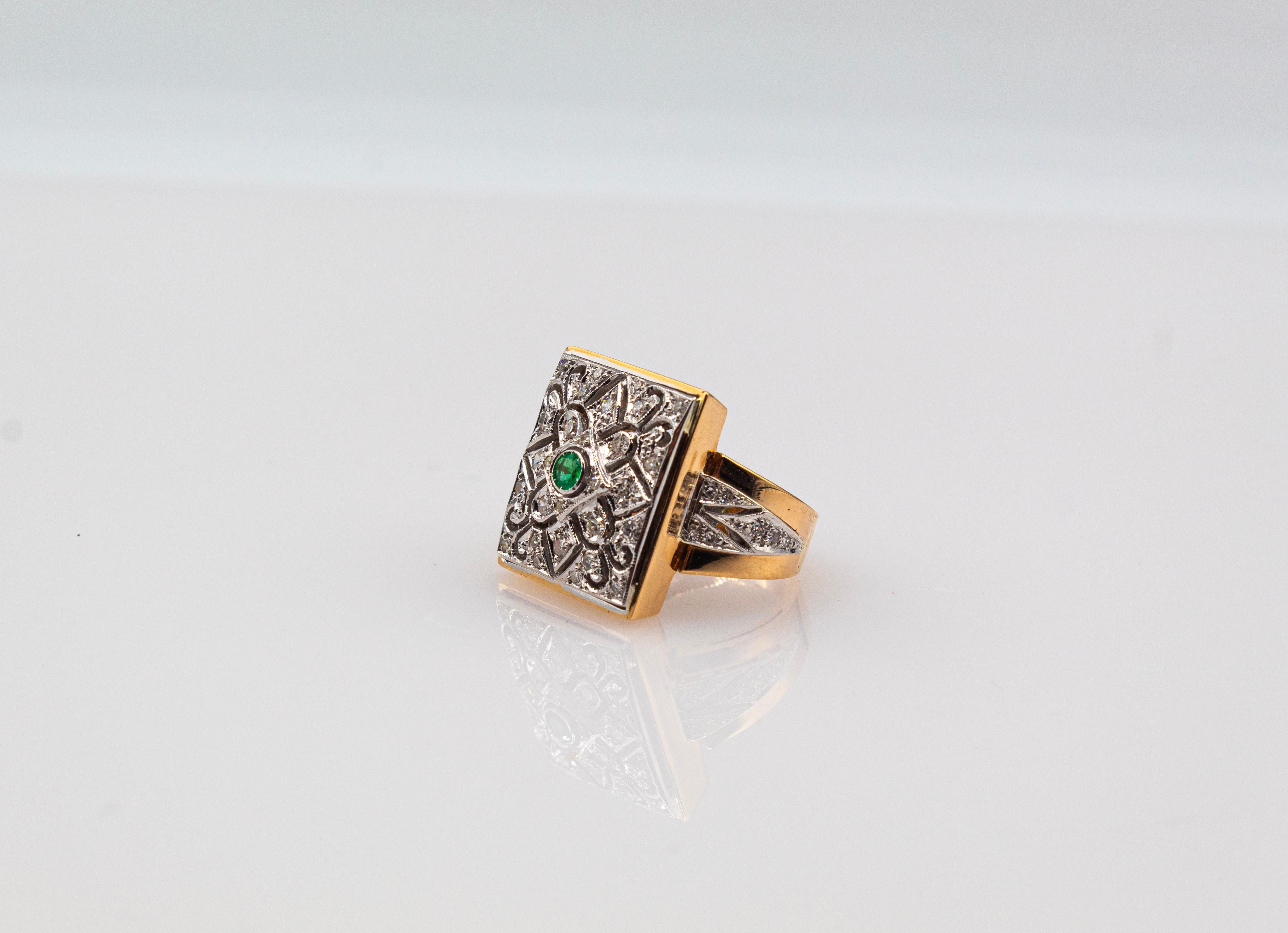 Art Deco Style White Modern Round Cut Diamond Emerald Yellow Gold Cocktail Ring For Sale 6