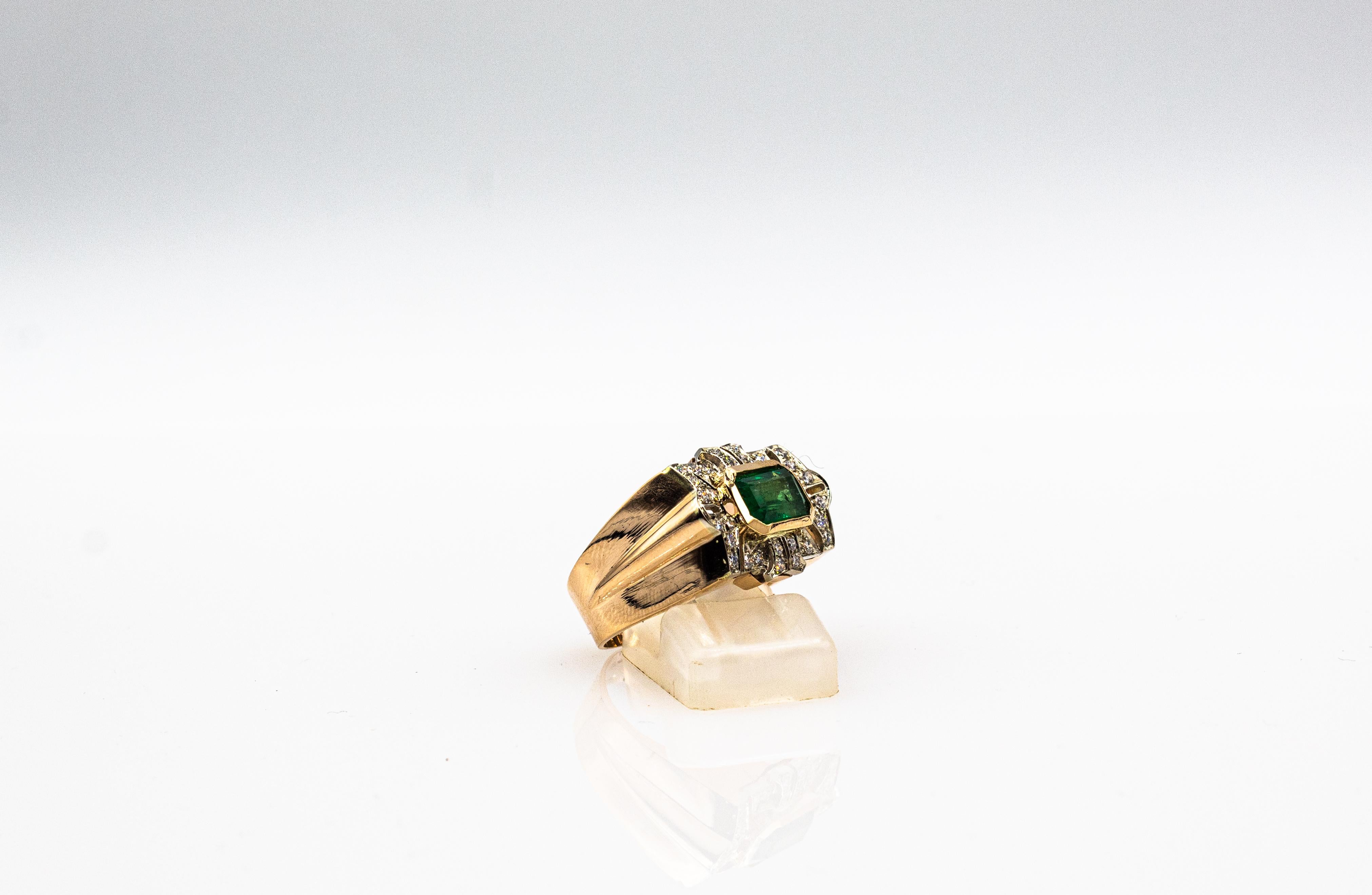 Art Deco Style White Modern Round Cut Diamond Emerald Yellow Gold Cocktail Ring For Sale 6
