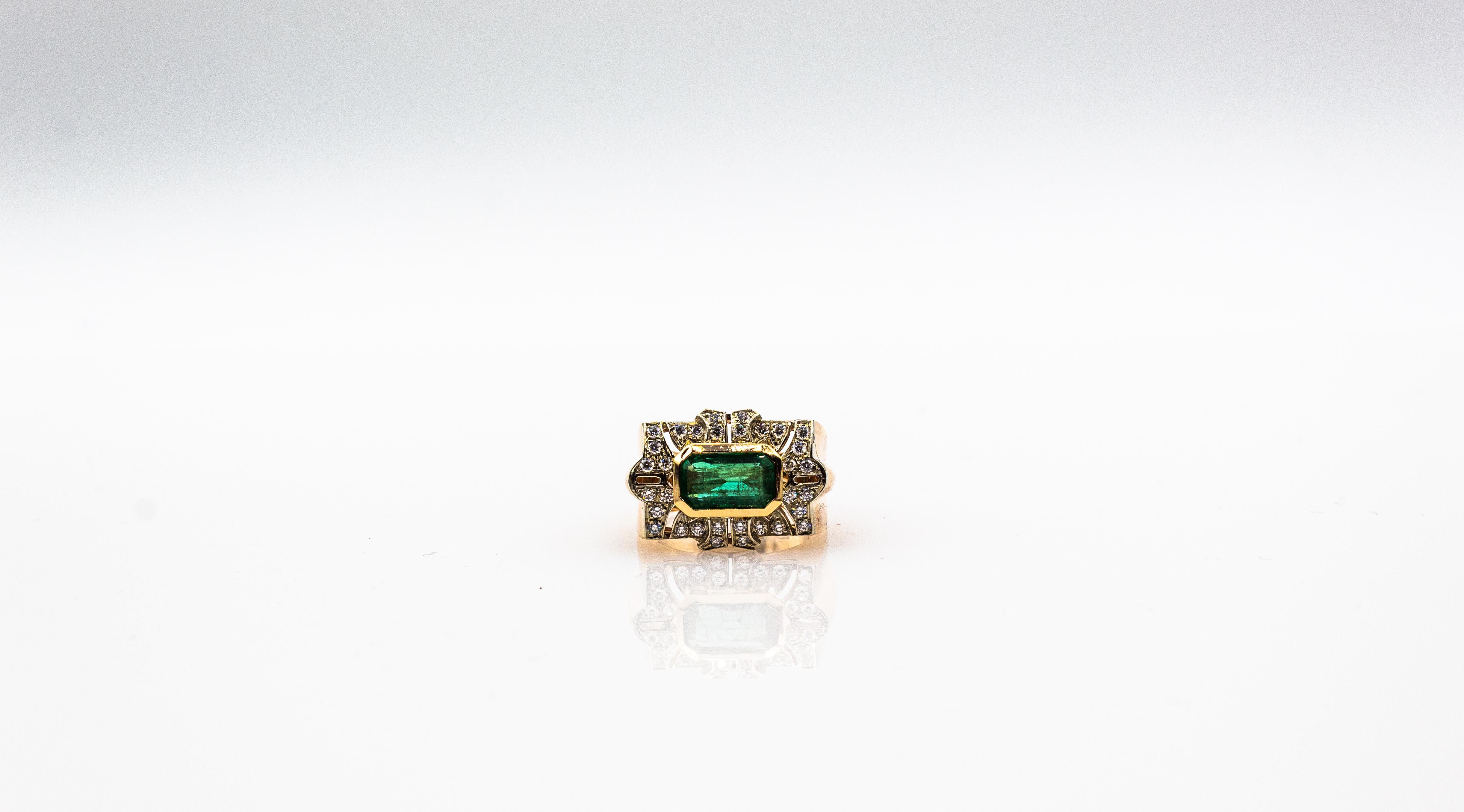Art Deco Style White Modern Round Cut Diamond Emerald Yellow Gold Cocktail Ring For Sale 7