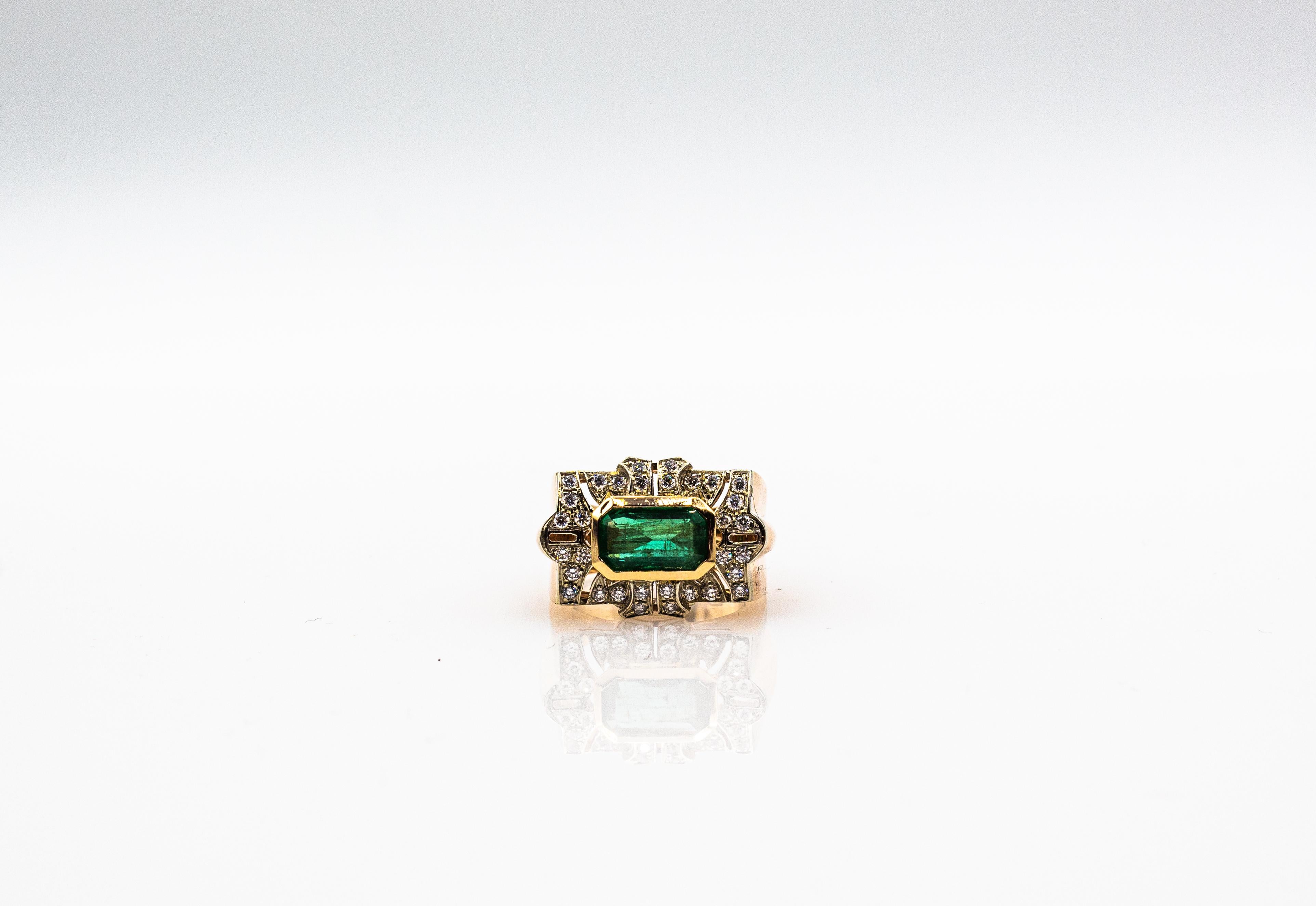 Art Deco Style White Modern Round Cut Diamond Emerald Yellow Gold Cocktail Ring For Sale 8