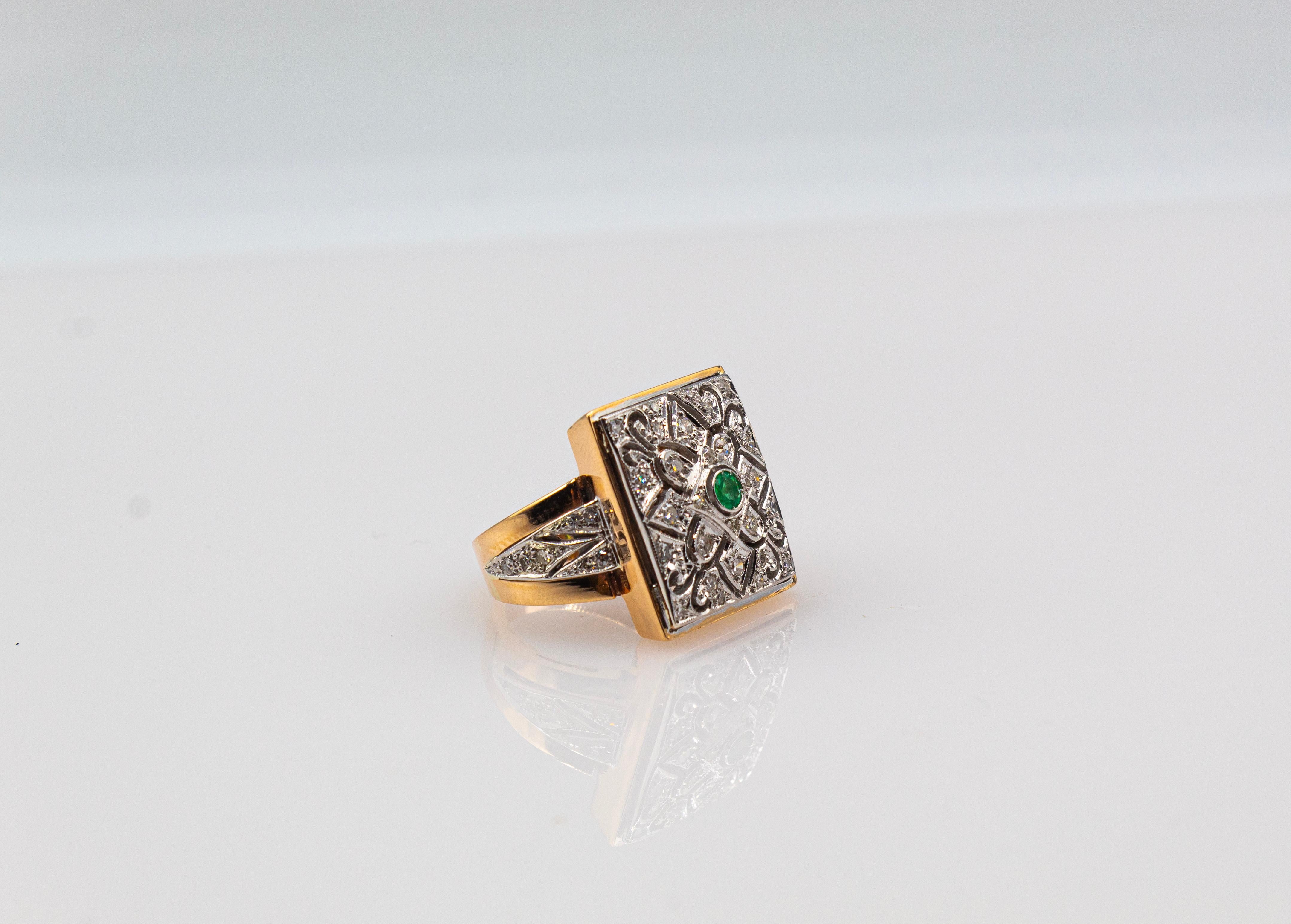 Weißer moderner Cocktailring im Art-déco-Stil aus Gelbgold mit Diamanten im Rundschliff und Smaragd im Rundschliff im Angebot 8