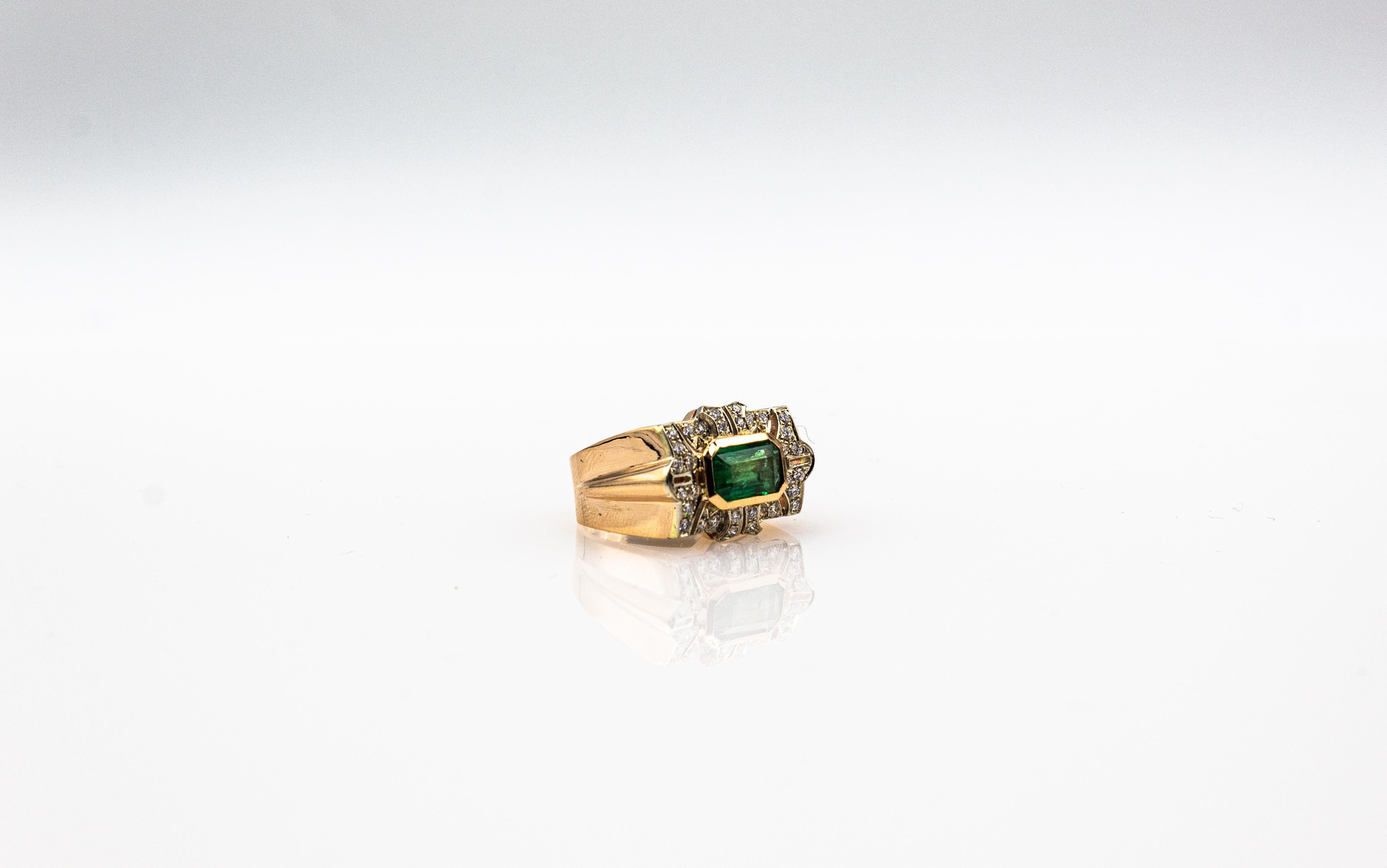 Art Deco Style White Modern Round Cut Diamond Emerald Yellow Gold Cocktail Ring For Sale 9