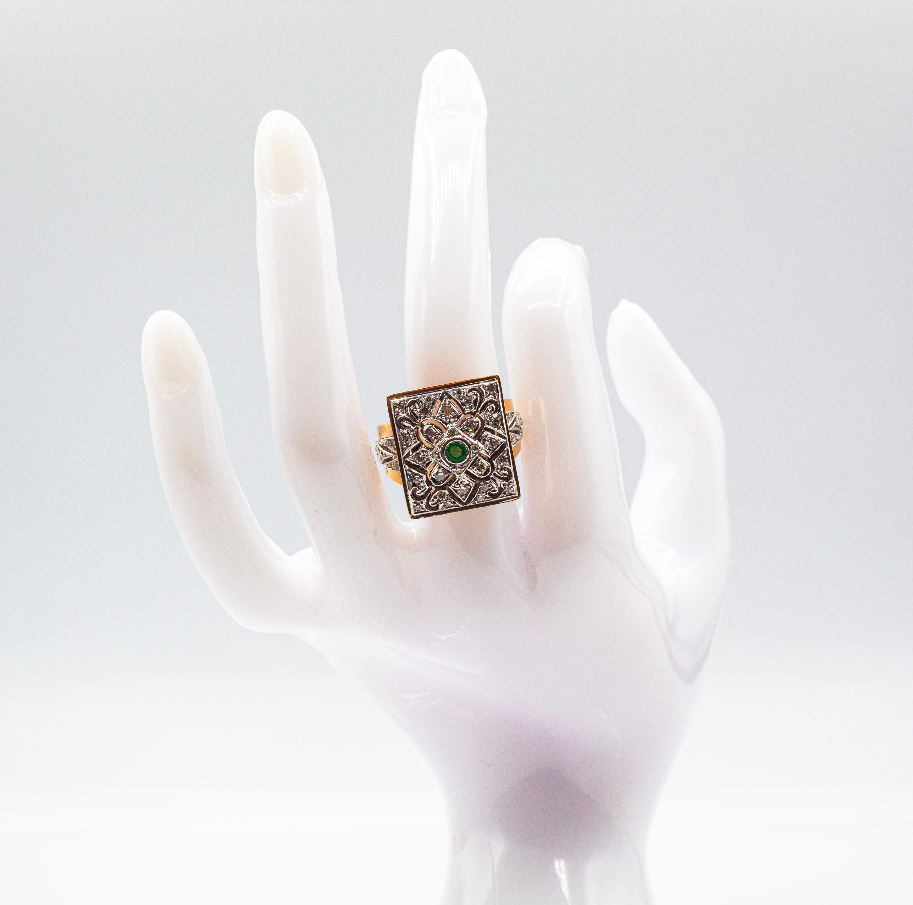 Weißer moderner Cocktailring im Art-déco-Stil aus Gelbgold mit Diamanten im Rundschliff und Smaragd im Rundschliff im Angebot 9