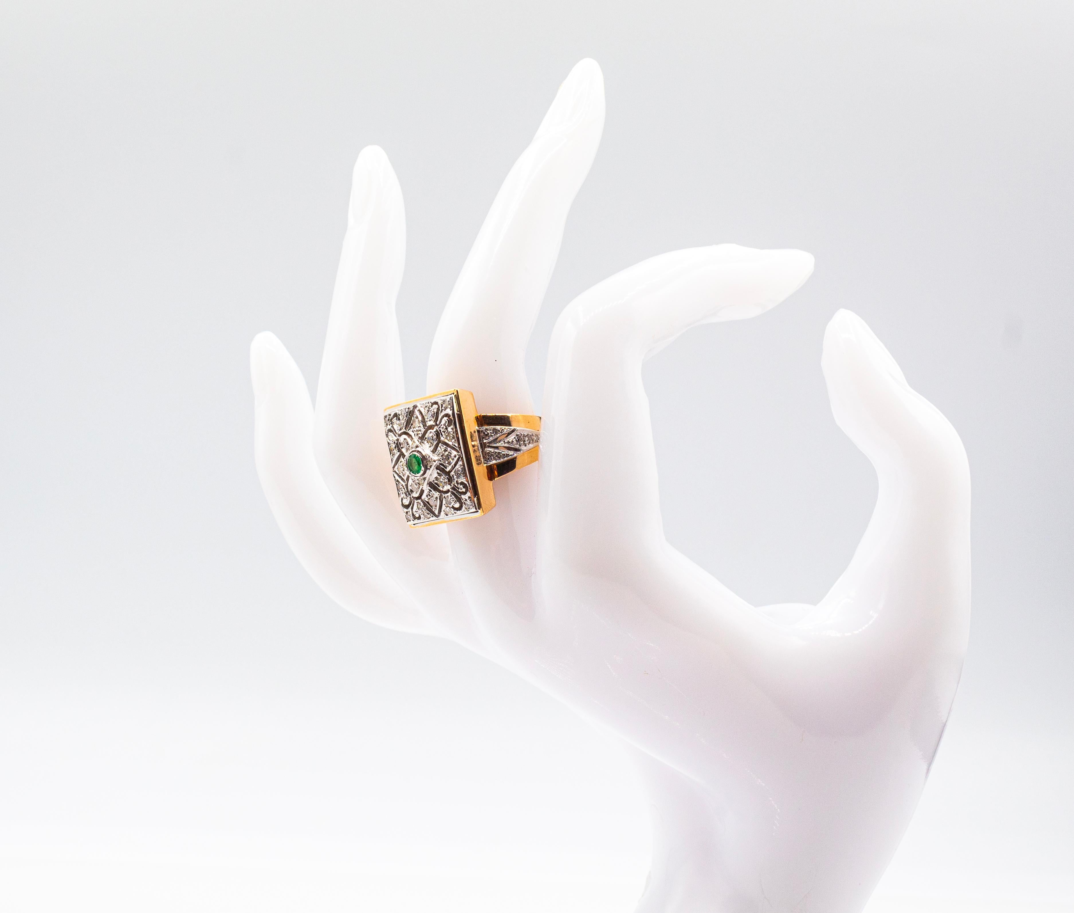 Art Deco Style White Modern Round Cut Diamond Emerald Yellow Gold Cocktail Ring For Sale 11