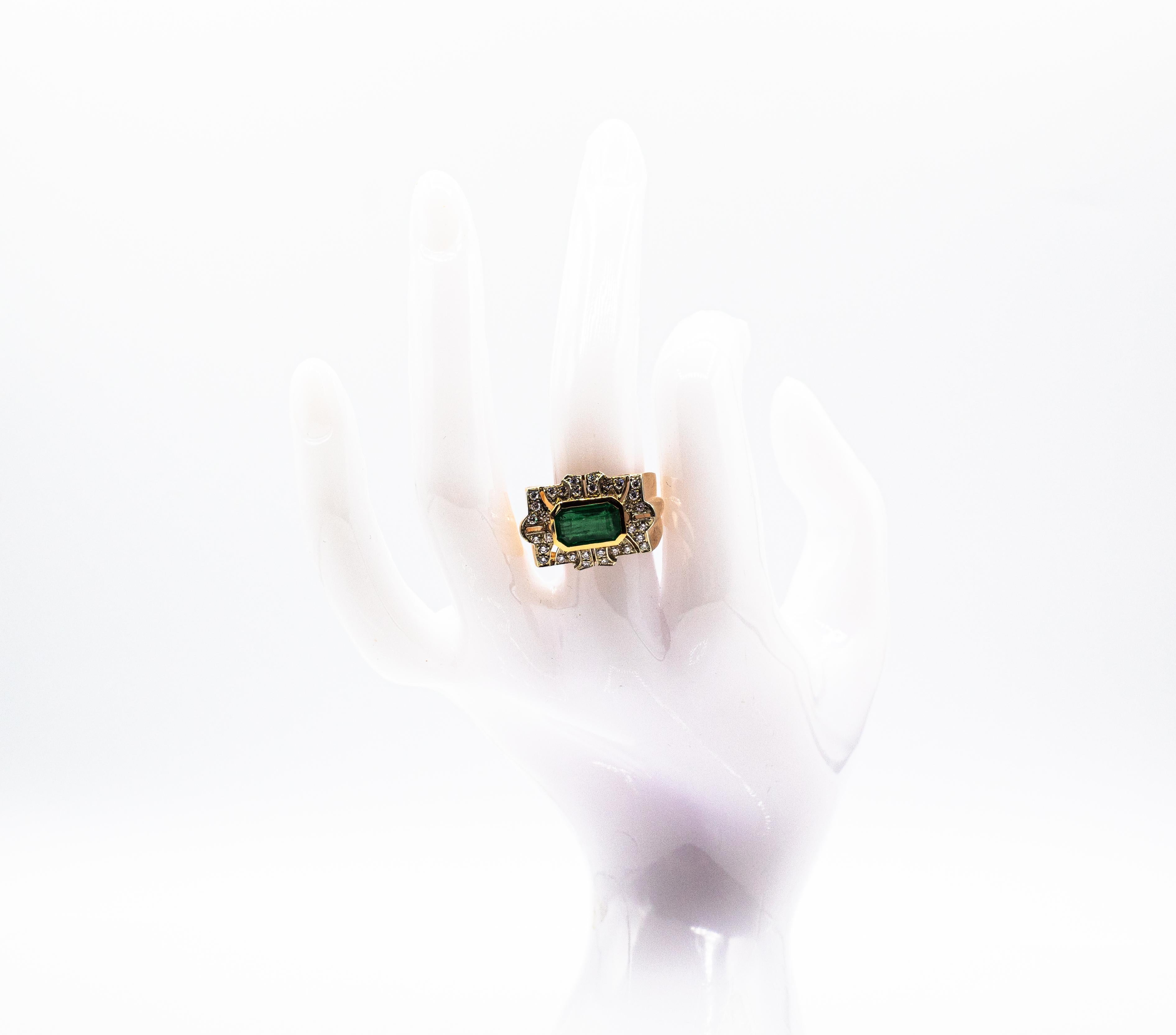 Art Deco Style White Modern Round Cut Diamond Emerald Yellow Gold Cocktail Ring For Sale 12