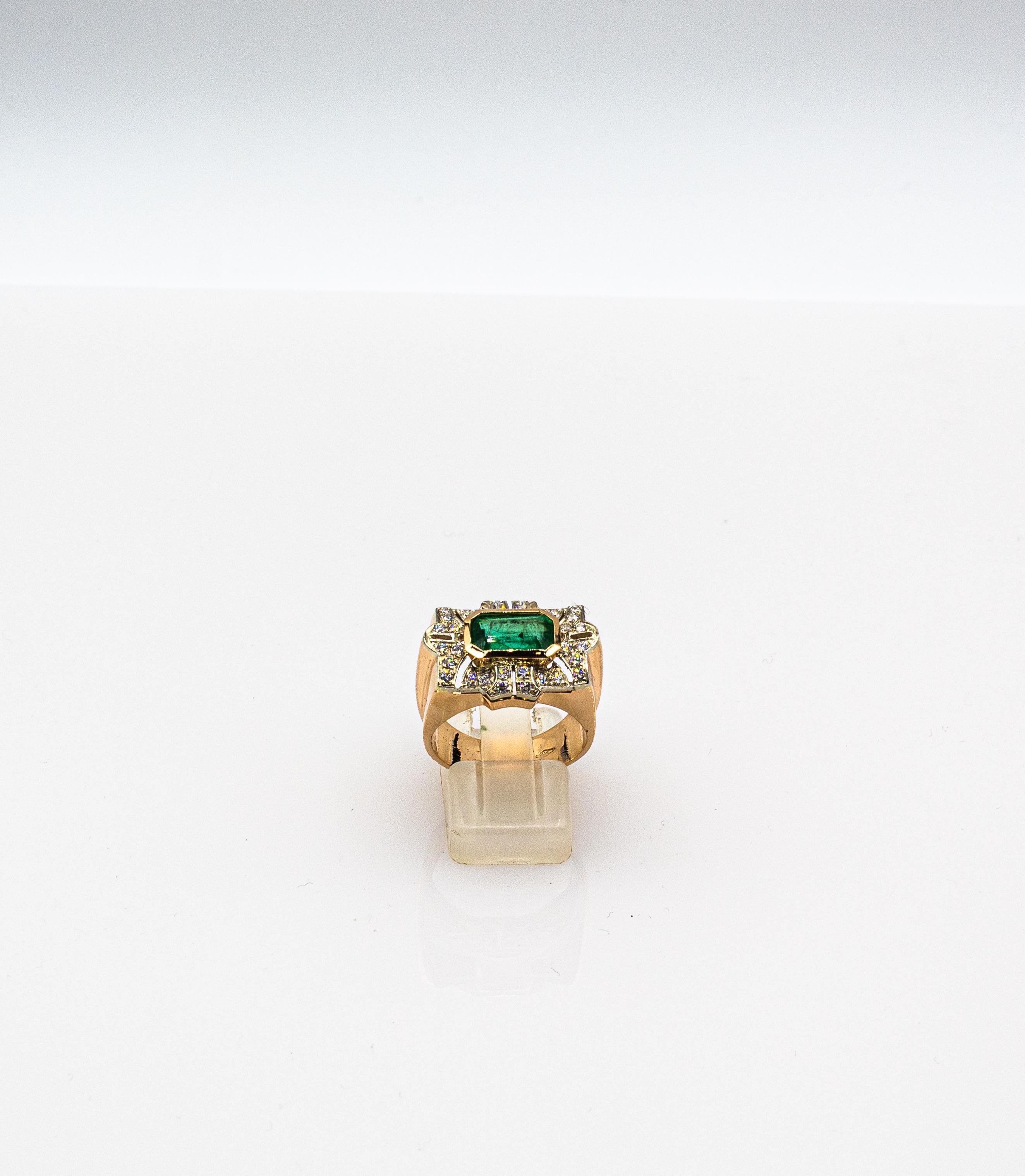 Brilliant Cut Art Deco Style White Modern Round Cut Diamond Emerald Yellow Gold Cocktail Ring For Sale