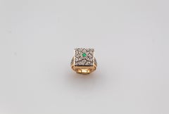 Art Deco Style White Modern Round Cut Diamond Emerald Yellow Gold Cocktail Ring