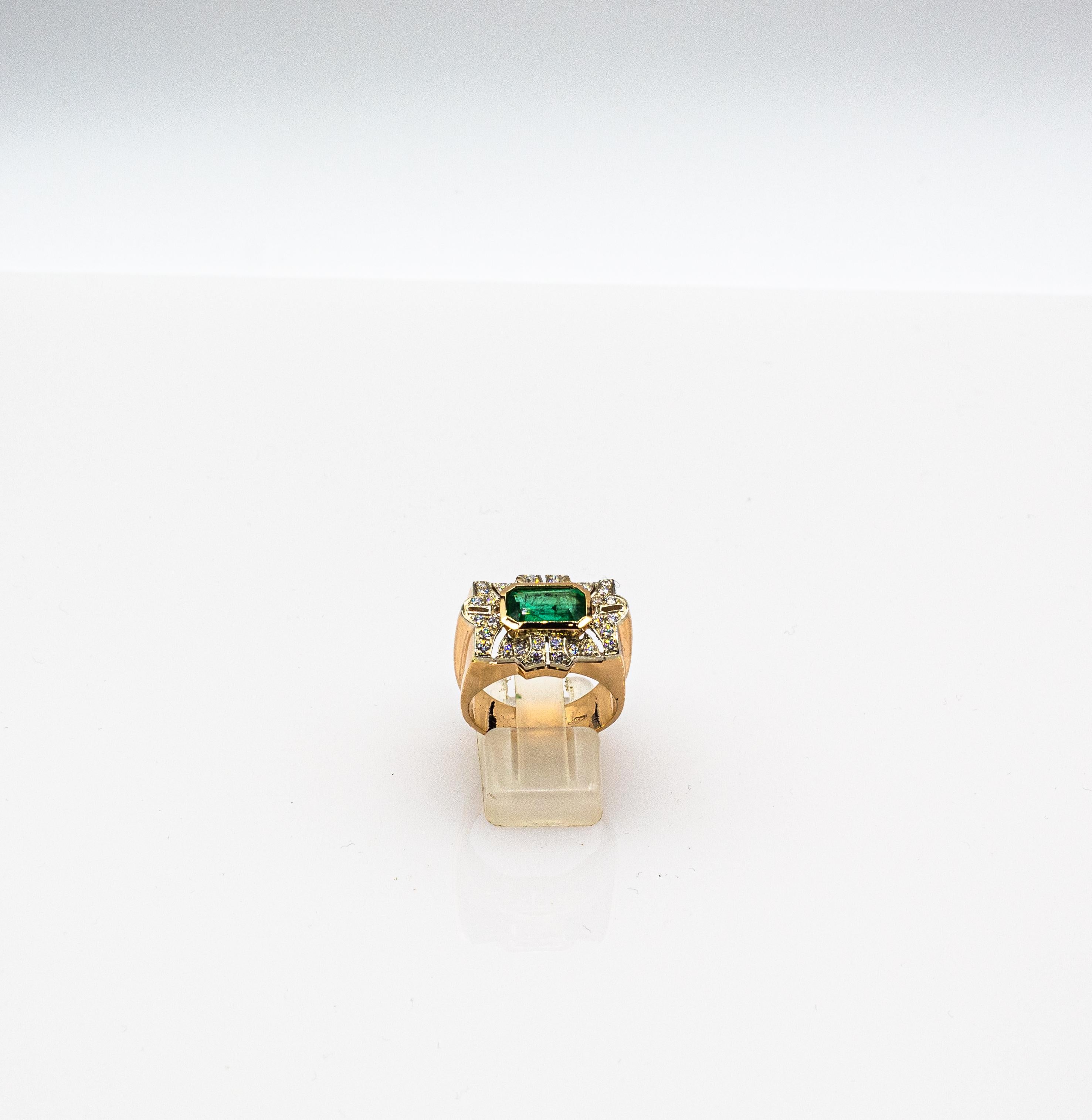 Art Deco Style White Modern Round Cut Diamond Emerald Yellow Gold Cocktail Ring In New Condition For Sale In Naples, IT