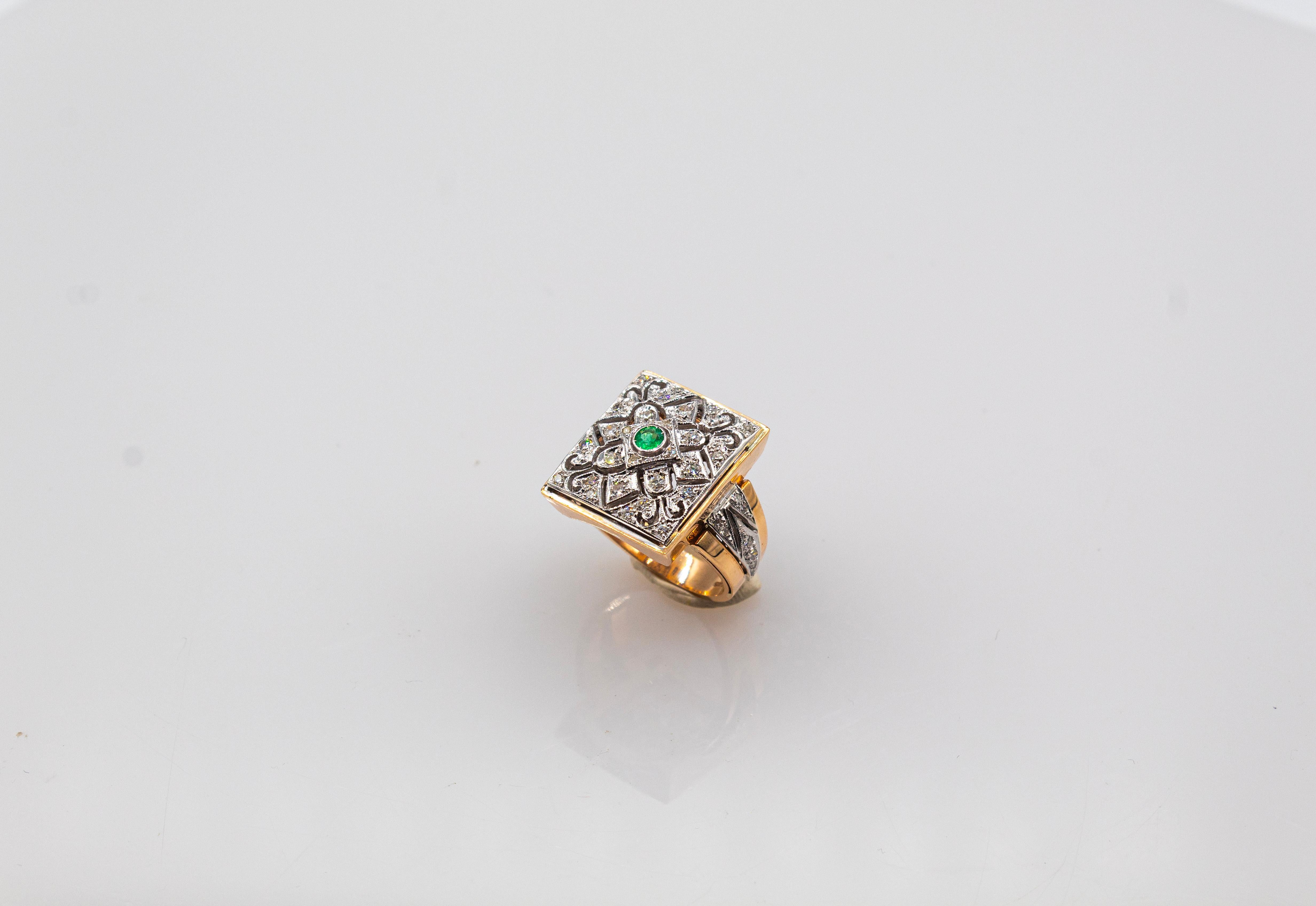 Weißer moderner Cocktailring im Art-déco-Stil aus Gelbgold mit Diamanten im Rundschliff und Smaragd im Rundschliff (Art déco) im Angebot