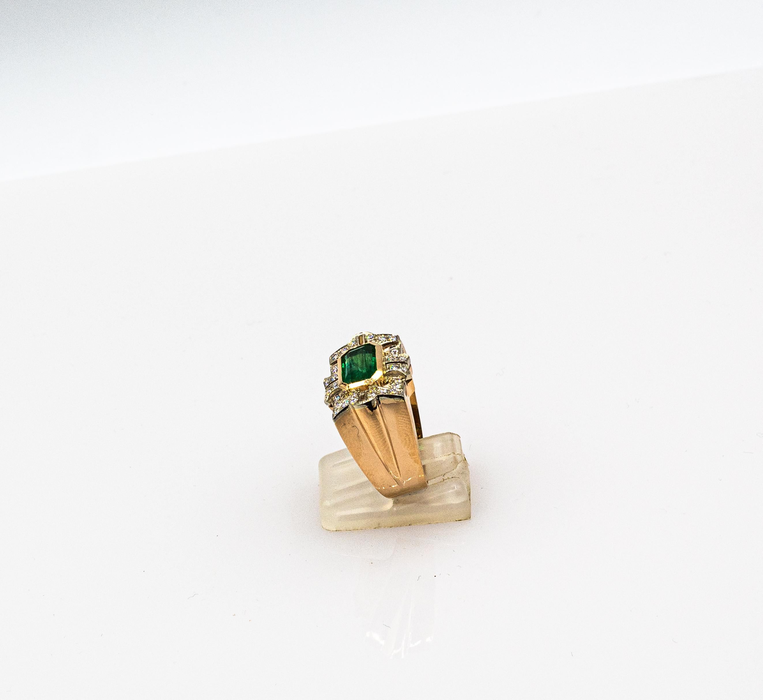 Women's or Men's Art Deco Style White Modern Round Cut Diamond Emerald Yellow Gold Cocktail Ring For Sale