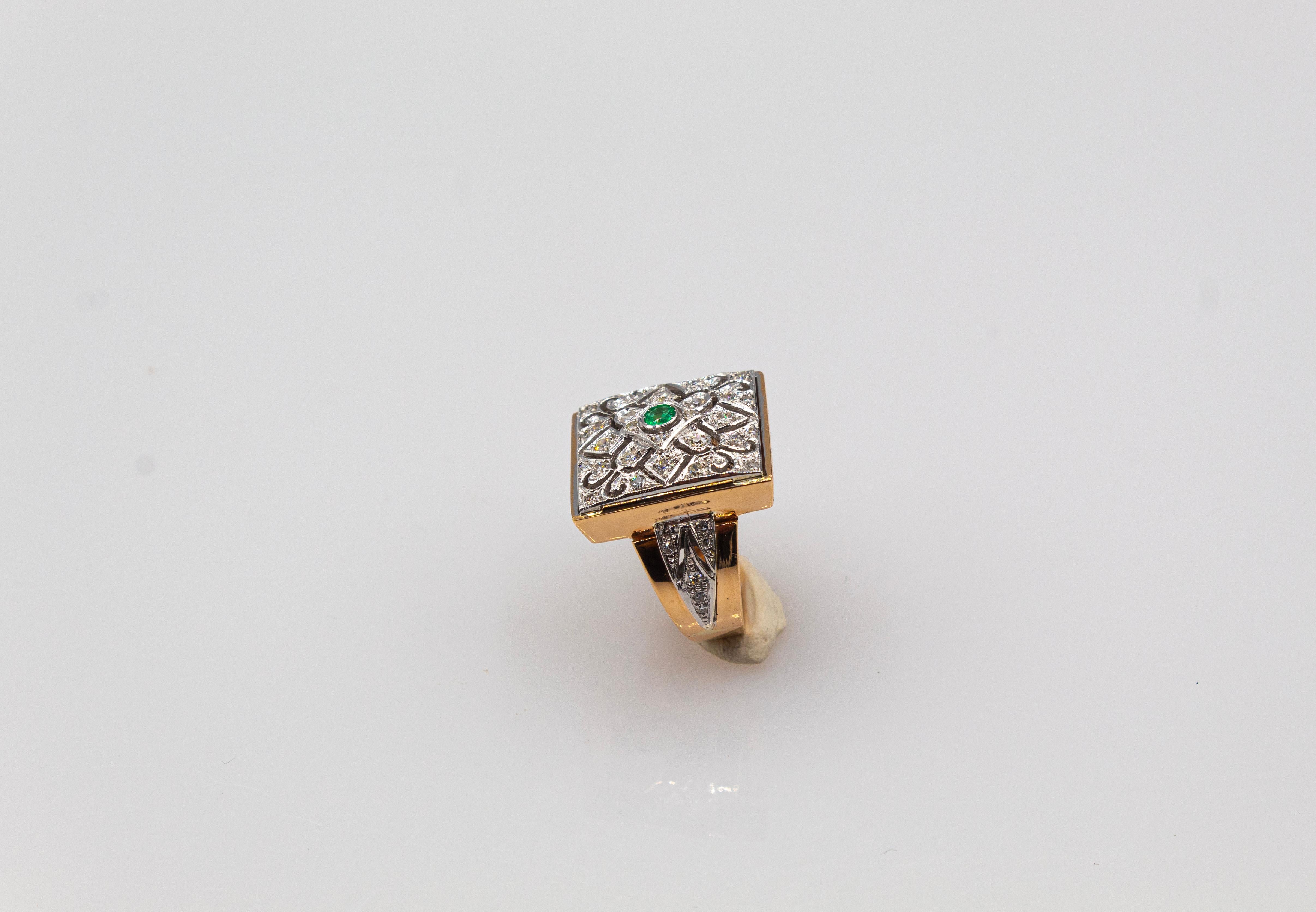 Women's or Men's Art Deco Style White Modern Round Cut Diamond Emerald Yellow Gold Cocktail Ring For Sale