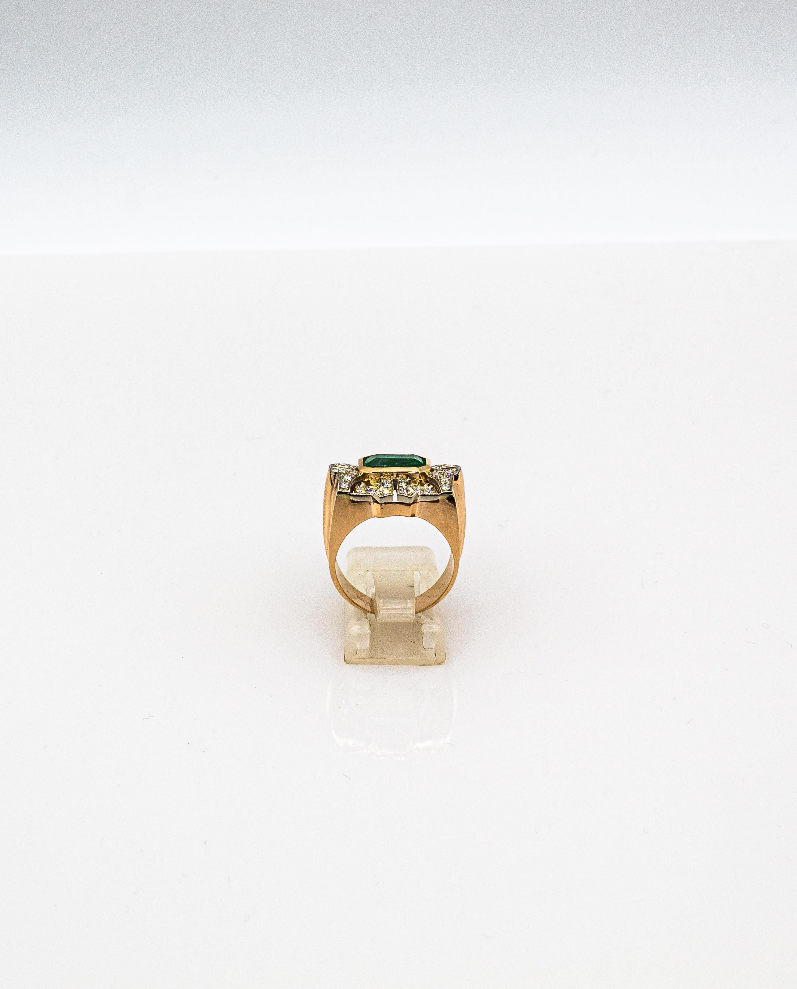 Art Deco Style White Modern Round Cut Diamond Emerald Yellow Gold Cocktail Ring For Sale 1