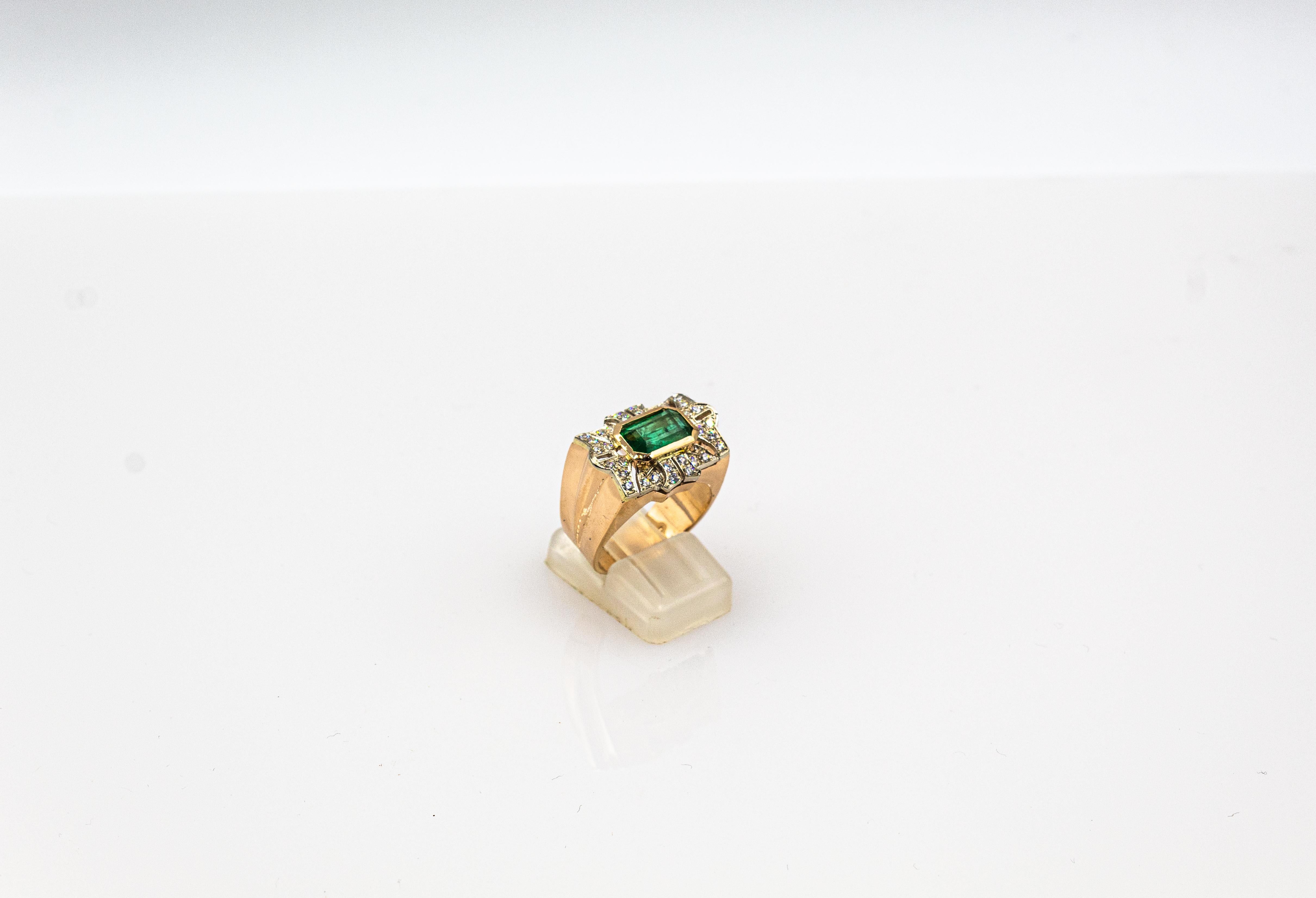 Art Deco Style White Modern Round Cut Diamond Emerald Yellow Gold Cocktail Ring For Sale 2