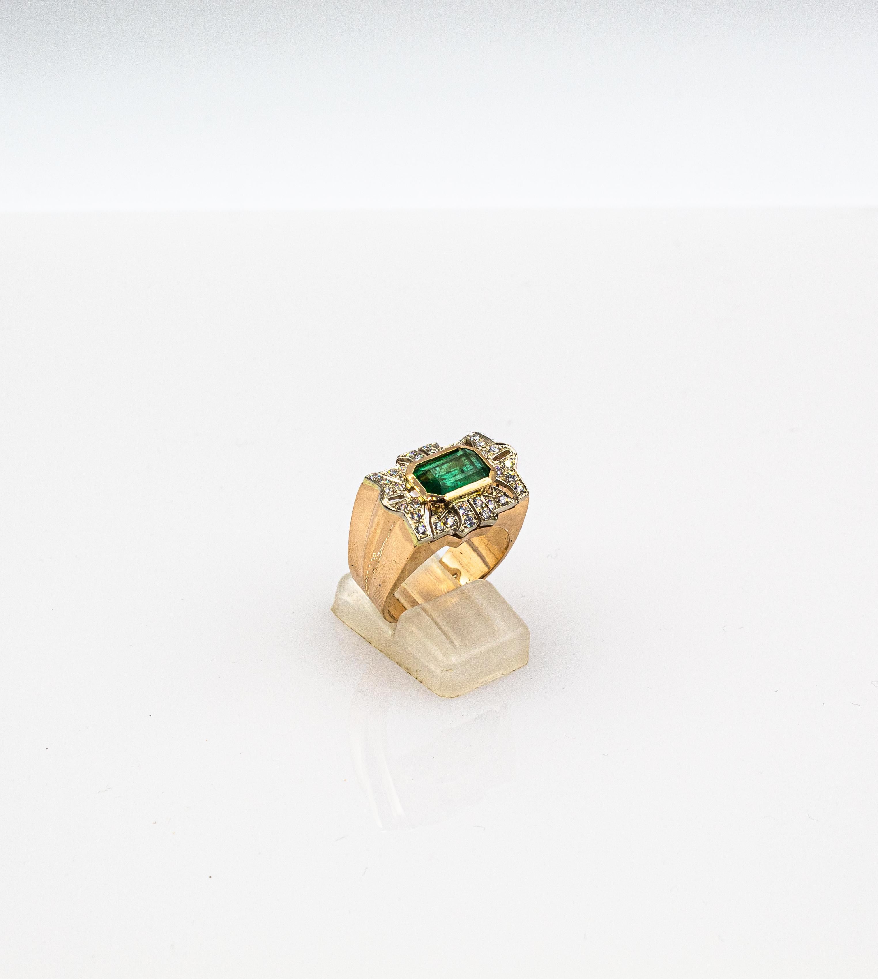 Art Deco Style White Modern Round Cut Diamond Emerald Yellow Gold Cocktail Ring For Sale 3