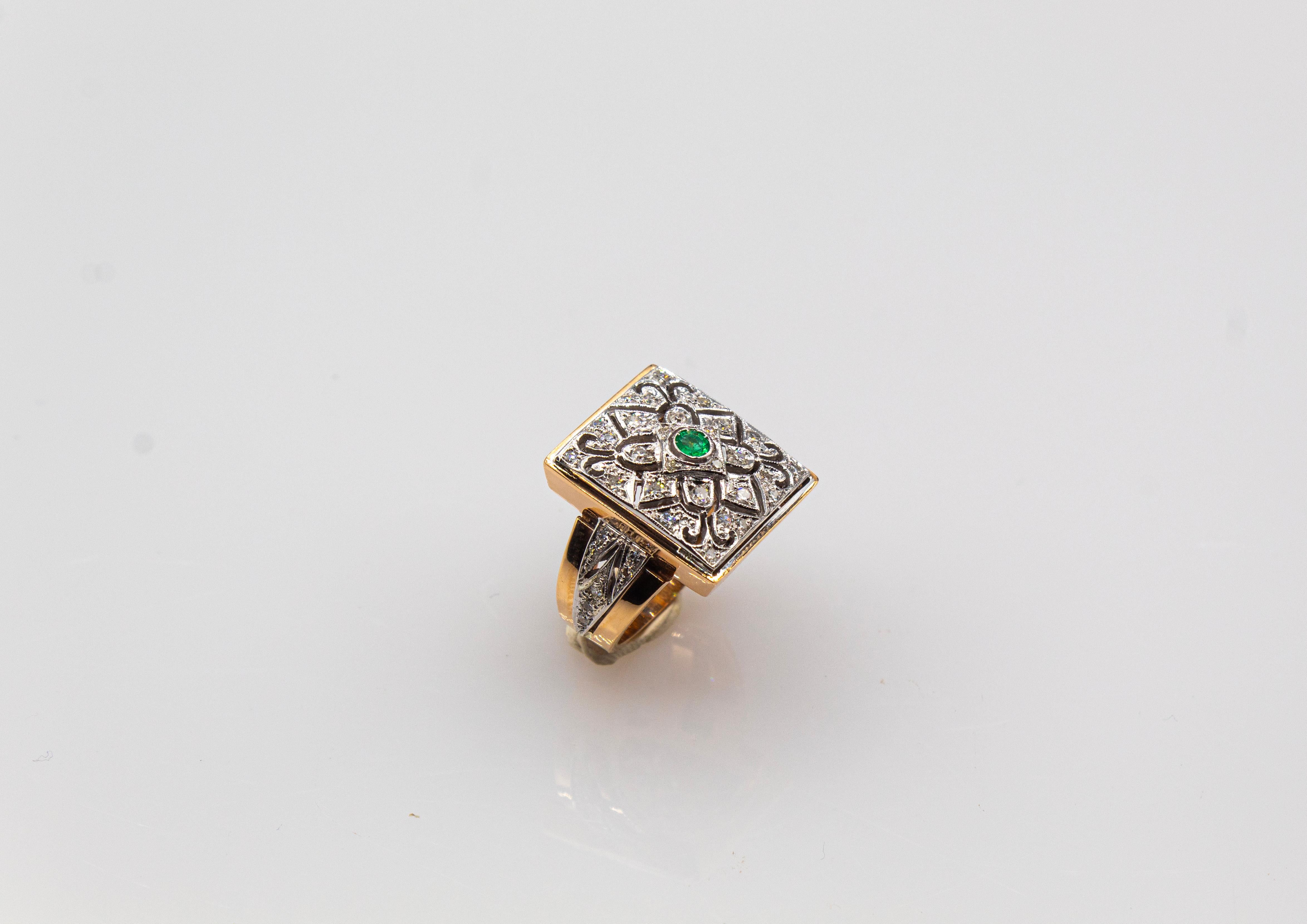 Art Deco Style White Modern Round Cut Diamond Emerald Yellow Gold Cocktail Ring For Sale 3