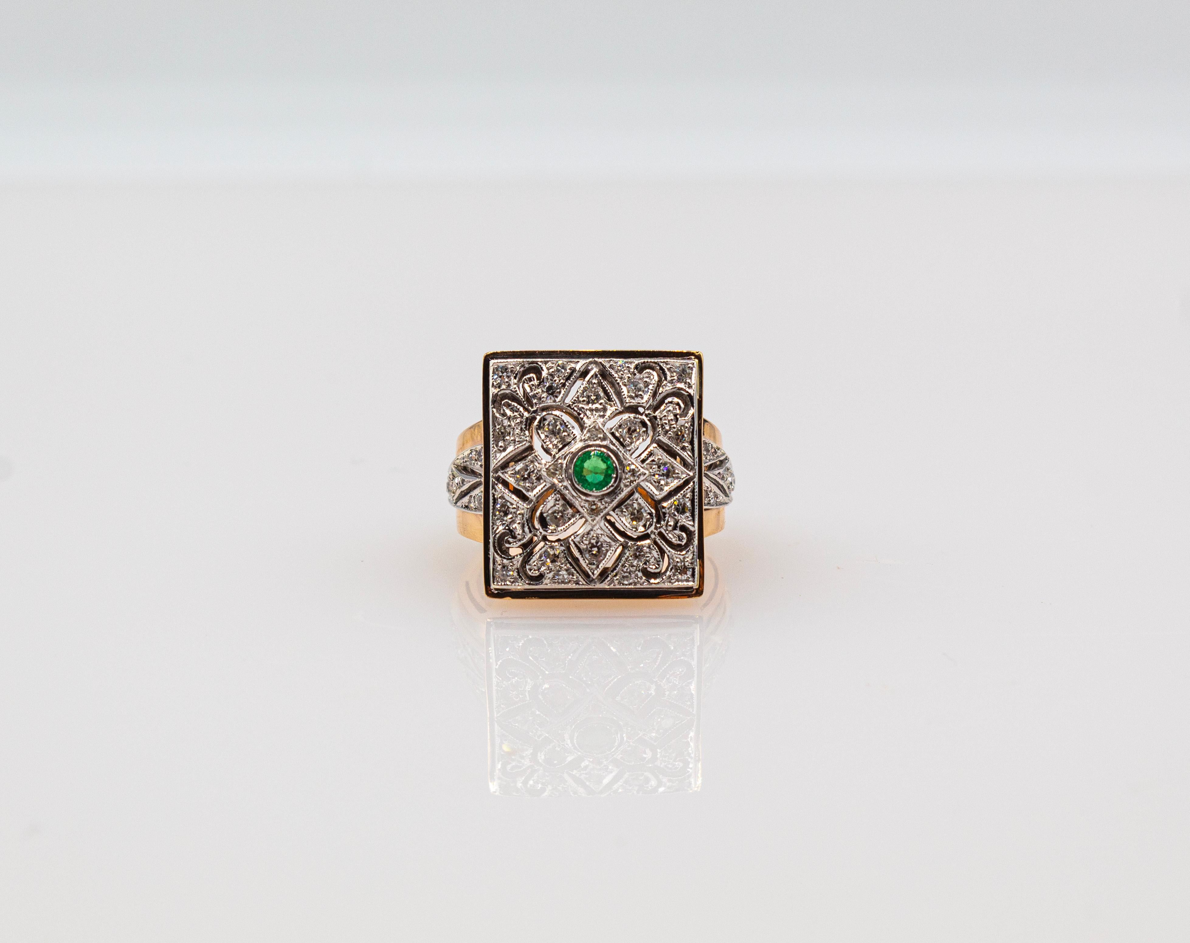 Art Deco Style White Modern Round Cut Diamond Emerald Yellow Gold Cocktail Ring For Sale 4