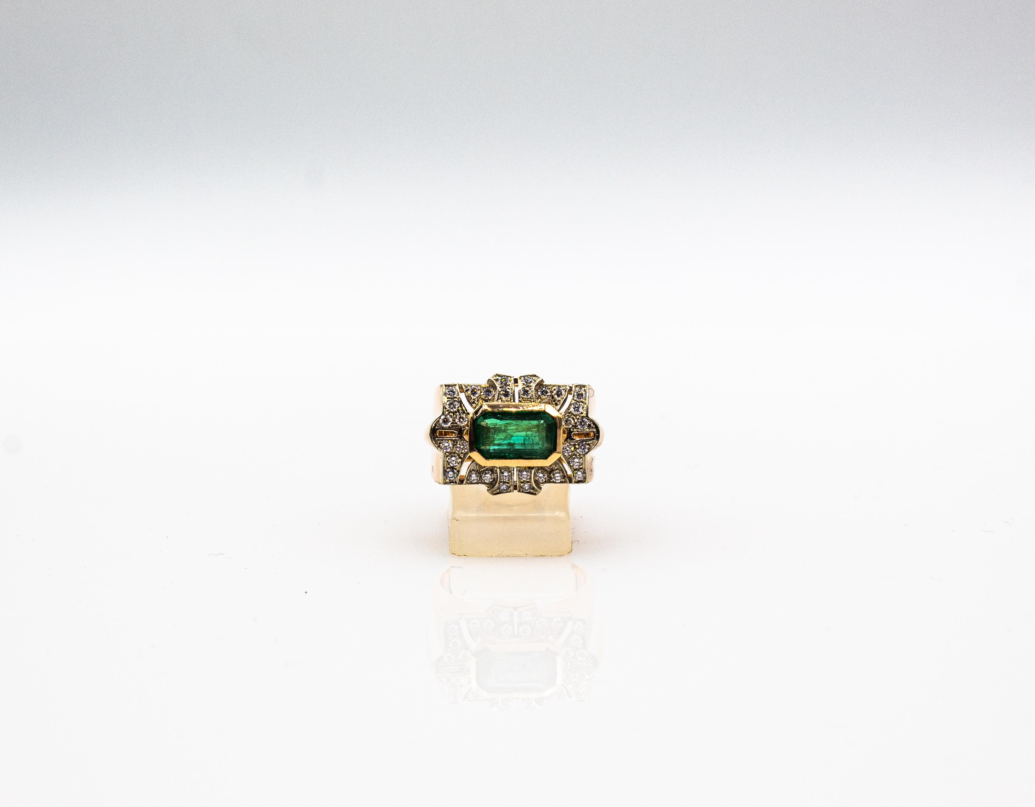 Art Deco Style White Modern Round Cut Diamond Emerald Yellow Gold Cocktail Ring For Sale 4