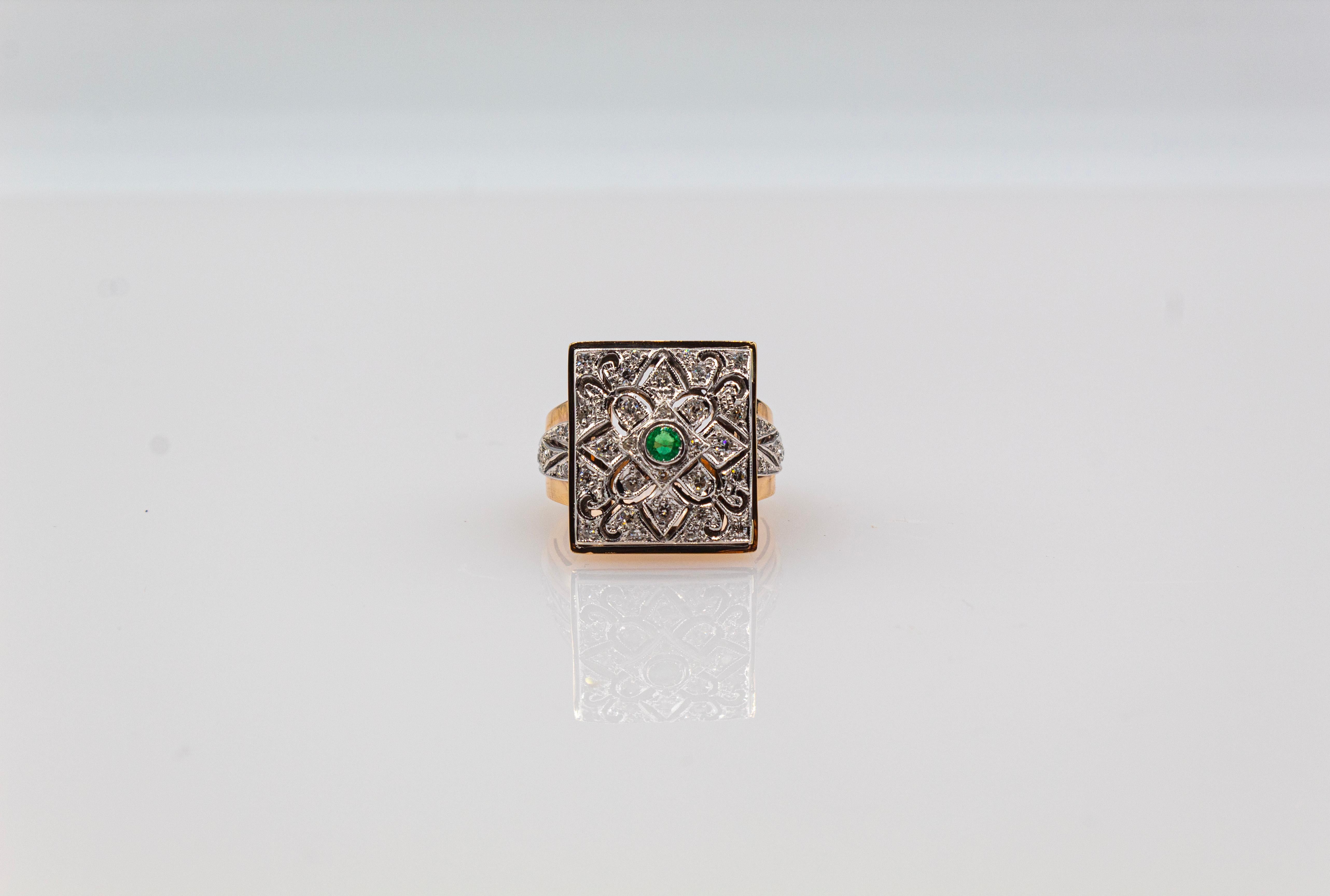 Weißer moderner Cocktailring im Art-déco-Stil aus Gelbgold mit Diamanten im Rundschliff und Smaragd im Rundschliff im Angebot 4