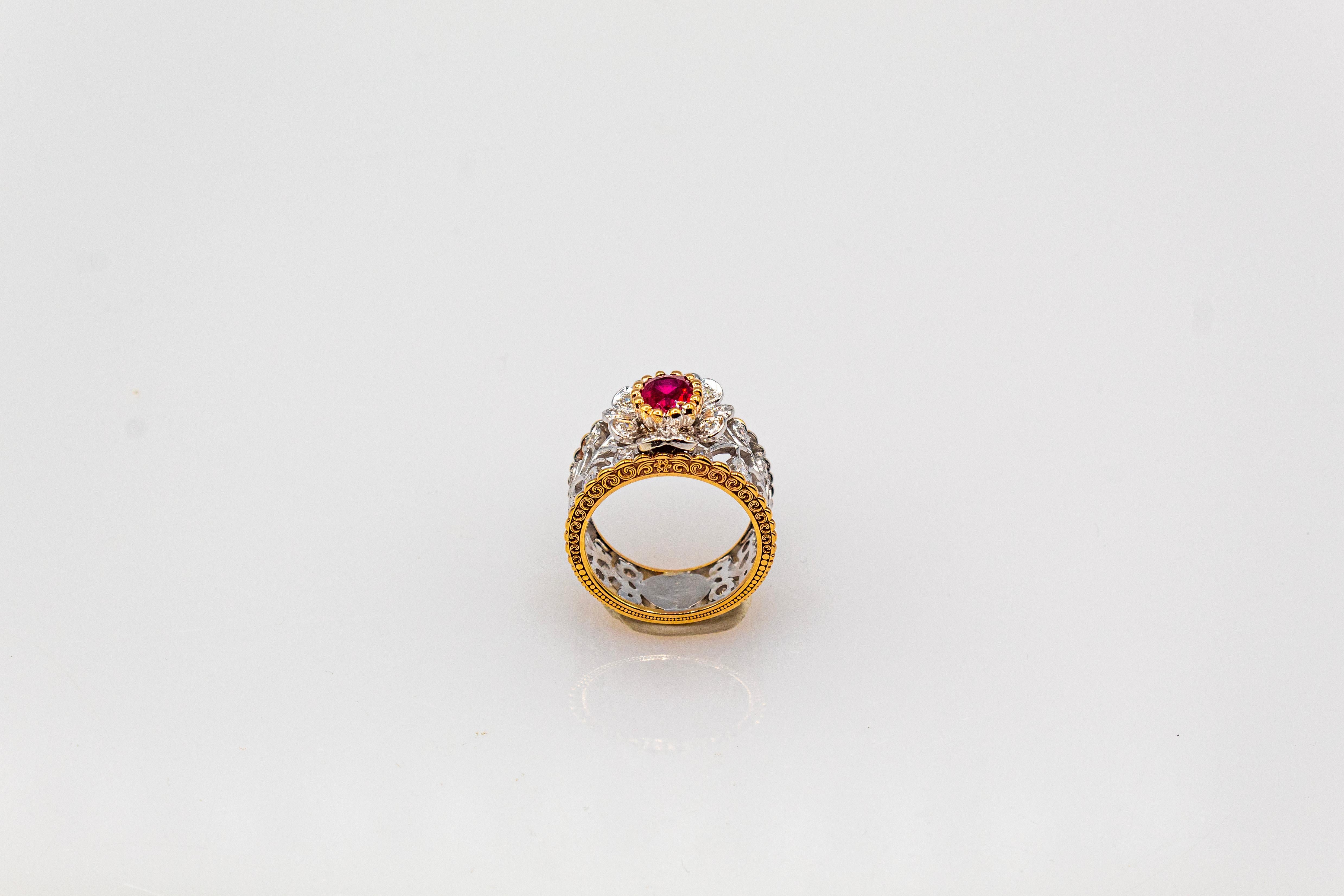 Art Deco Style White Modern Round Cut Diamond Ruby Yellow Gold Band Ring For Sale 6