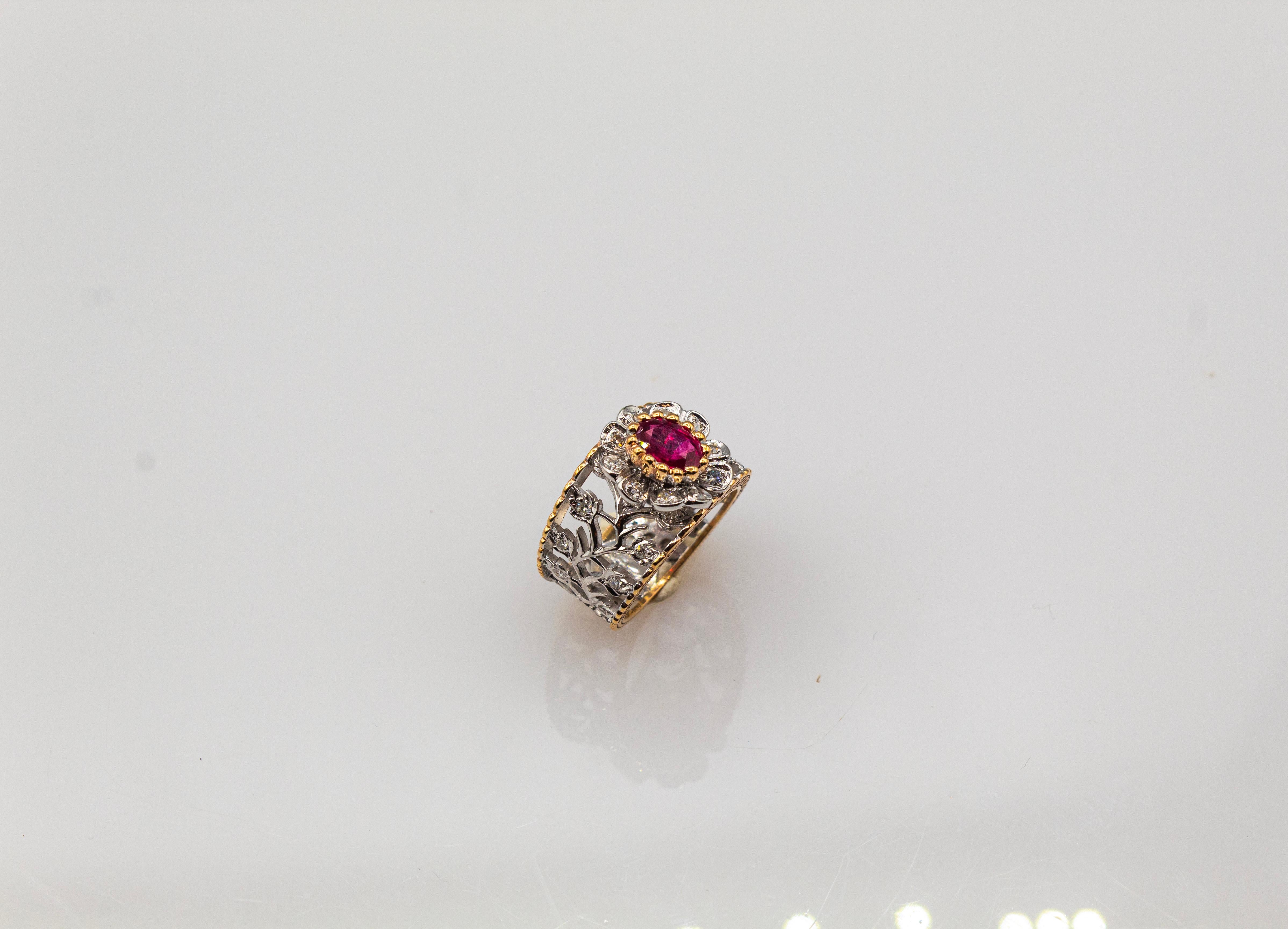 Art Deco Style White Modern Round Cut Diamond Ruby Yellow Gold Band Ring For Sale 7