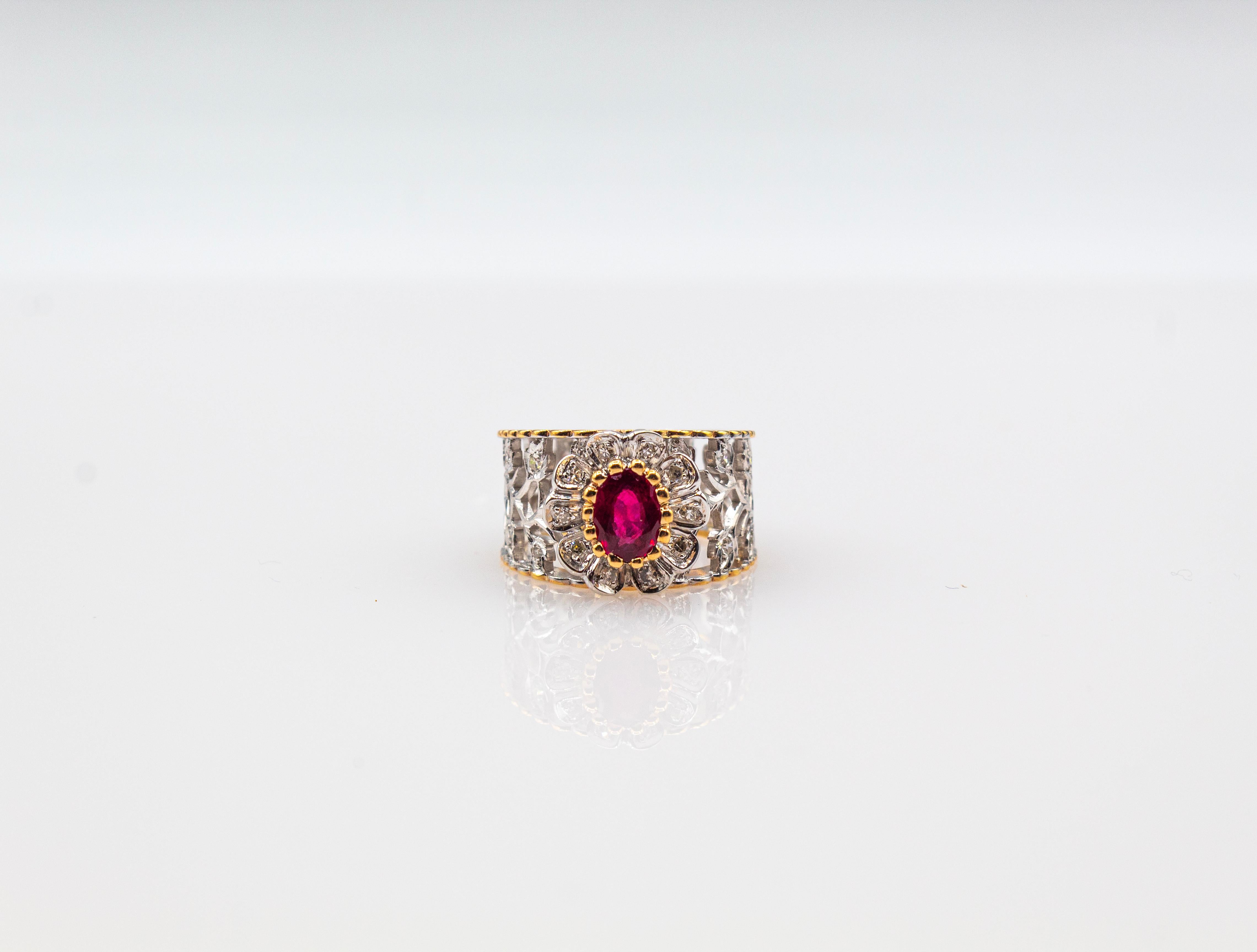 Art Deco Style White Modern Round Cut Diamond Ruby Yellow Gold Band Ring For Sale 8