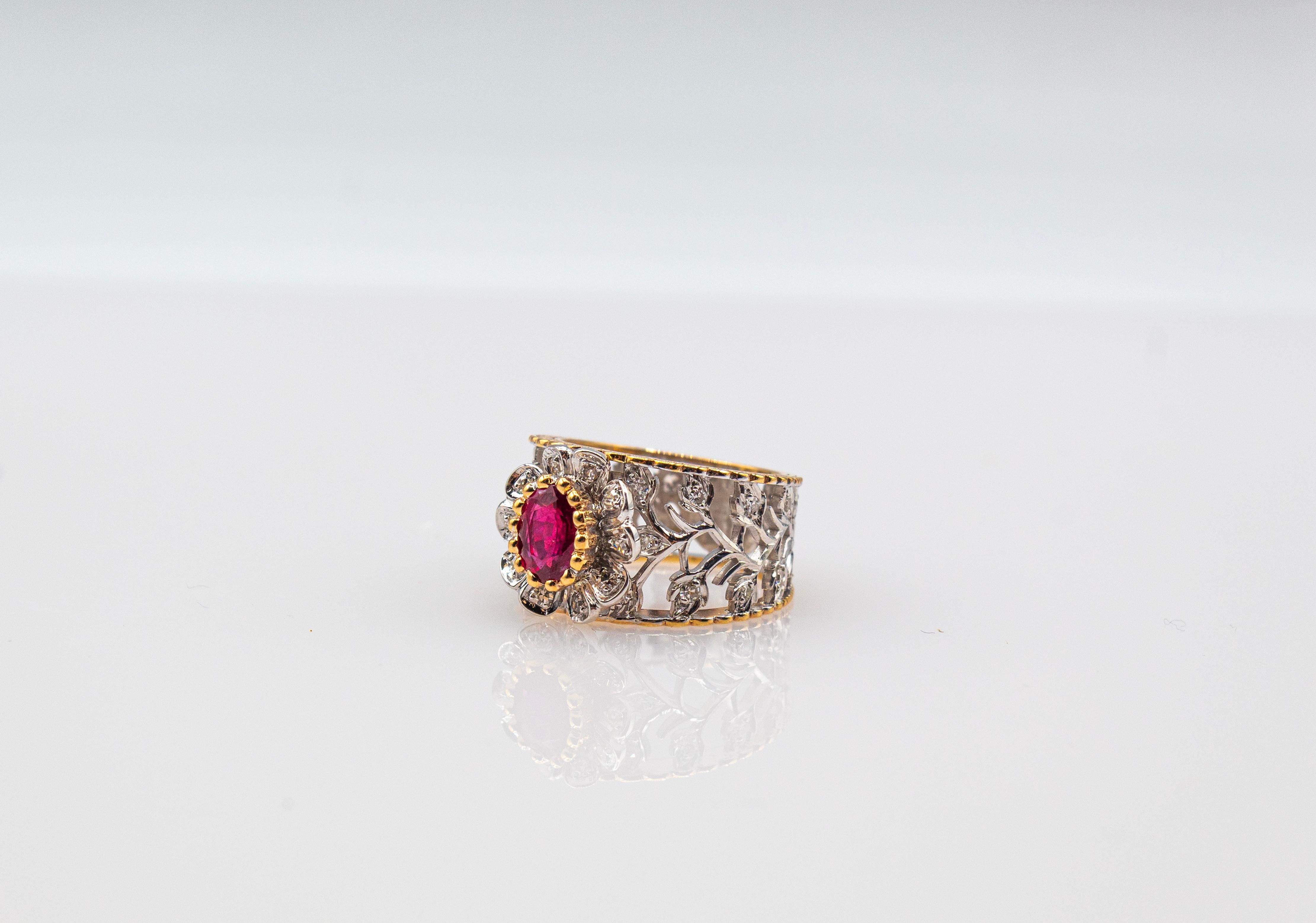 Art Deco Style White Modern Round Cut Diamond Ruby Yellow Gold Band Ring For Sale 9