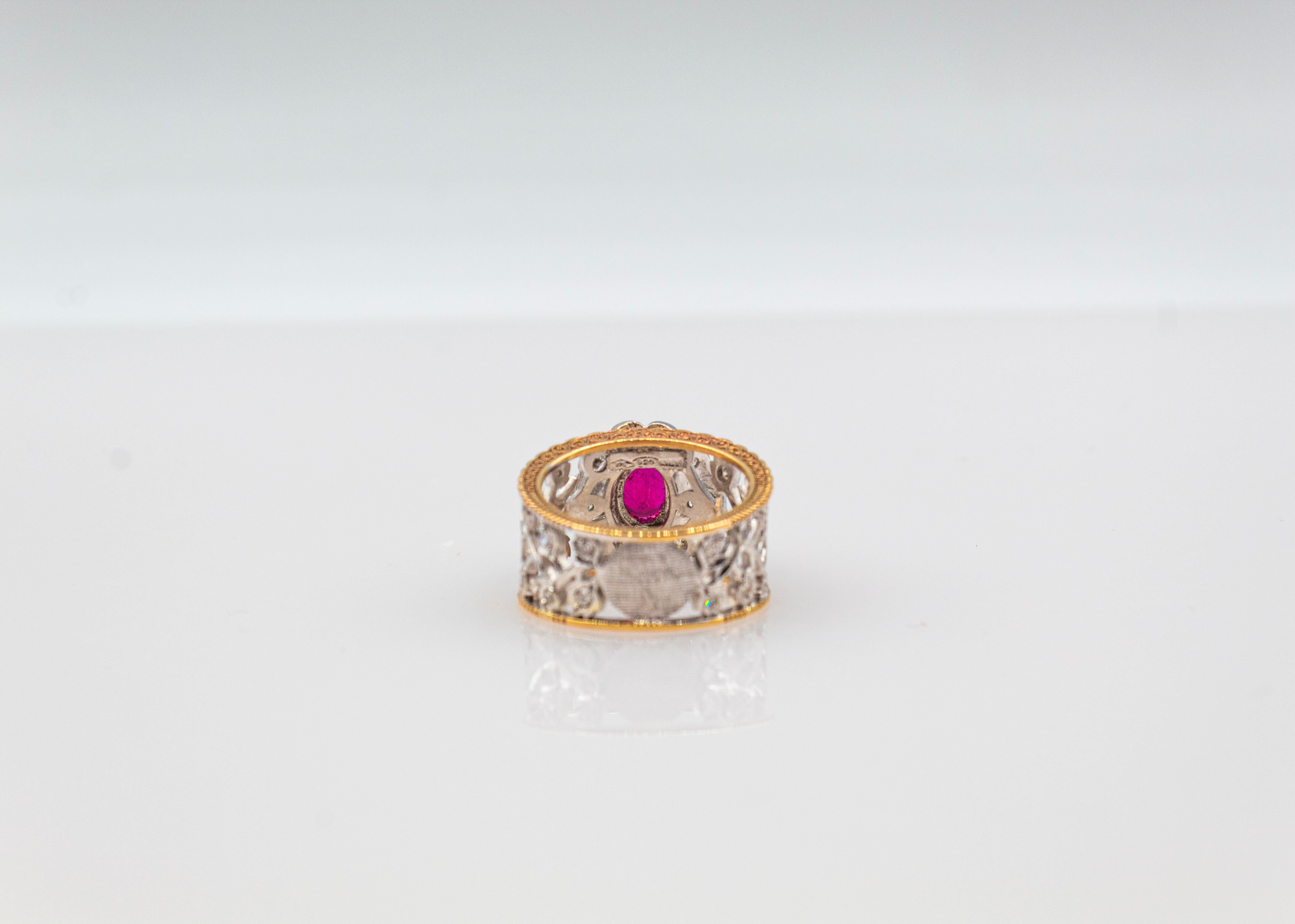Art Deco Style White Modern Round Cut Diamond Ruby Yellow Gold Band Ring For Sale 11