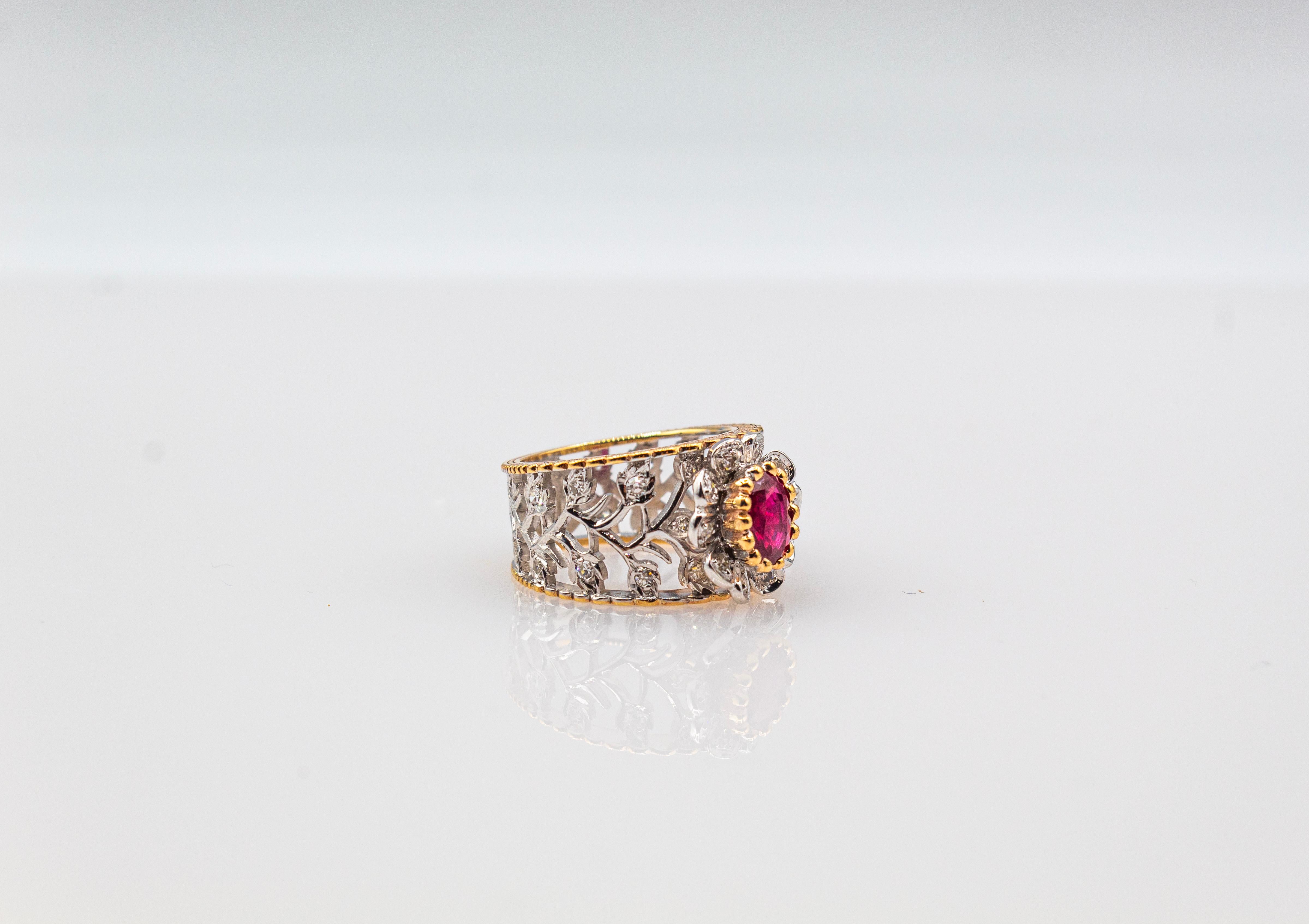 Art Deco Style White Modern Round Cut Diamond Ruby Yellow Gold Band Ring For Sale 12