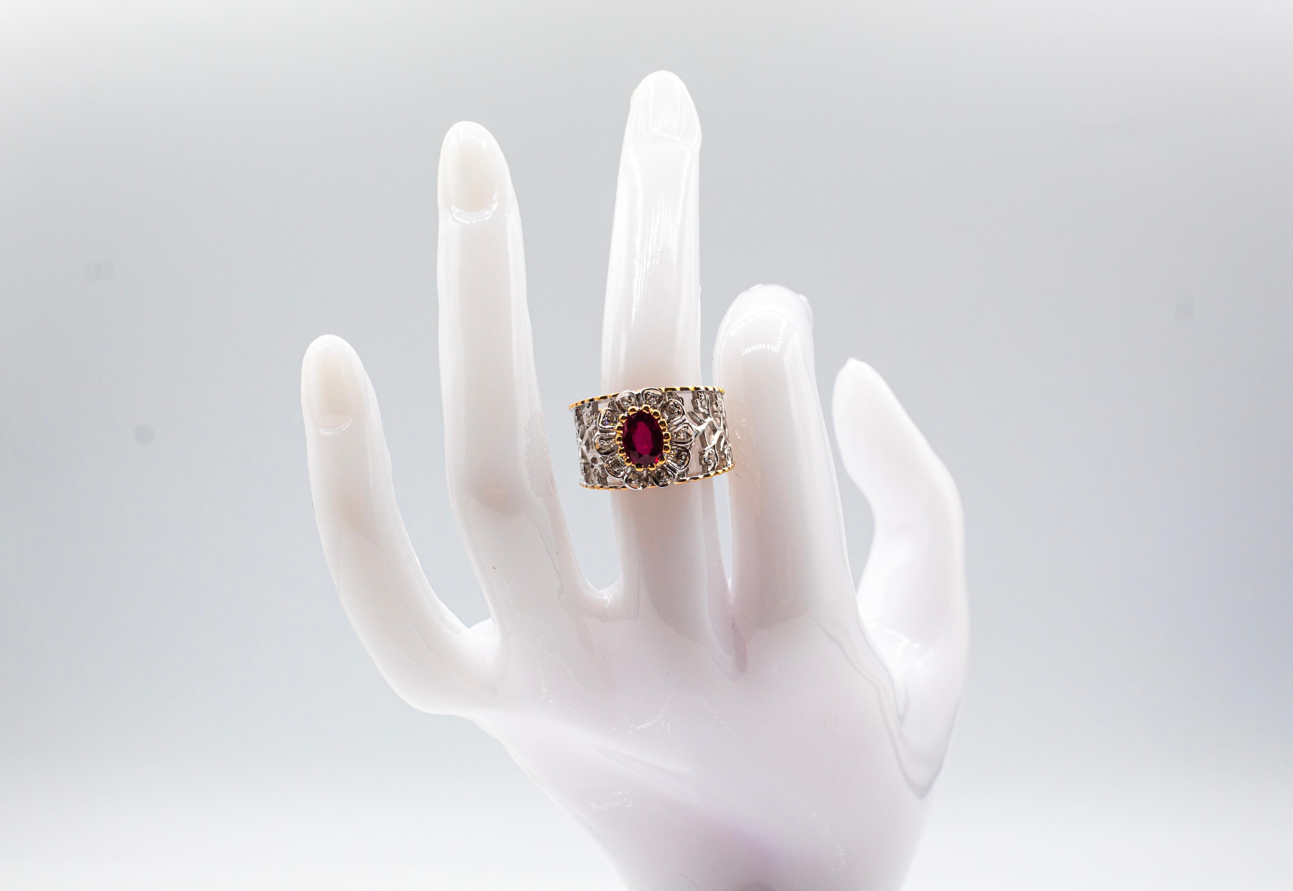 Art Deco Style White Modern Round Cut Diamond Ruby Yellow Gold Band Ring For Sale 13