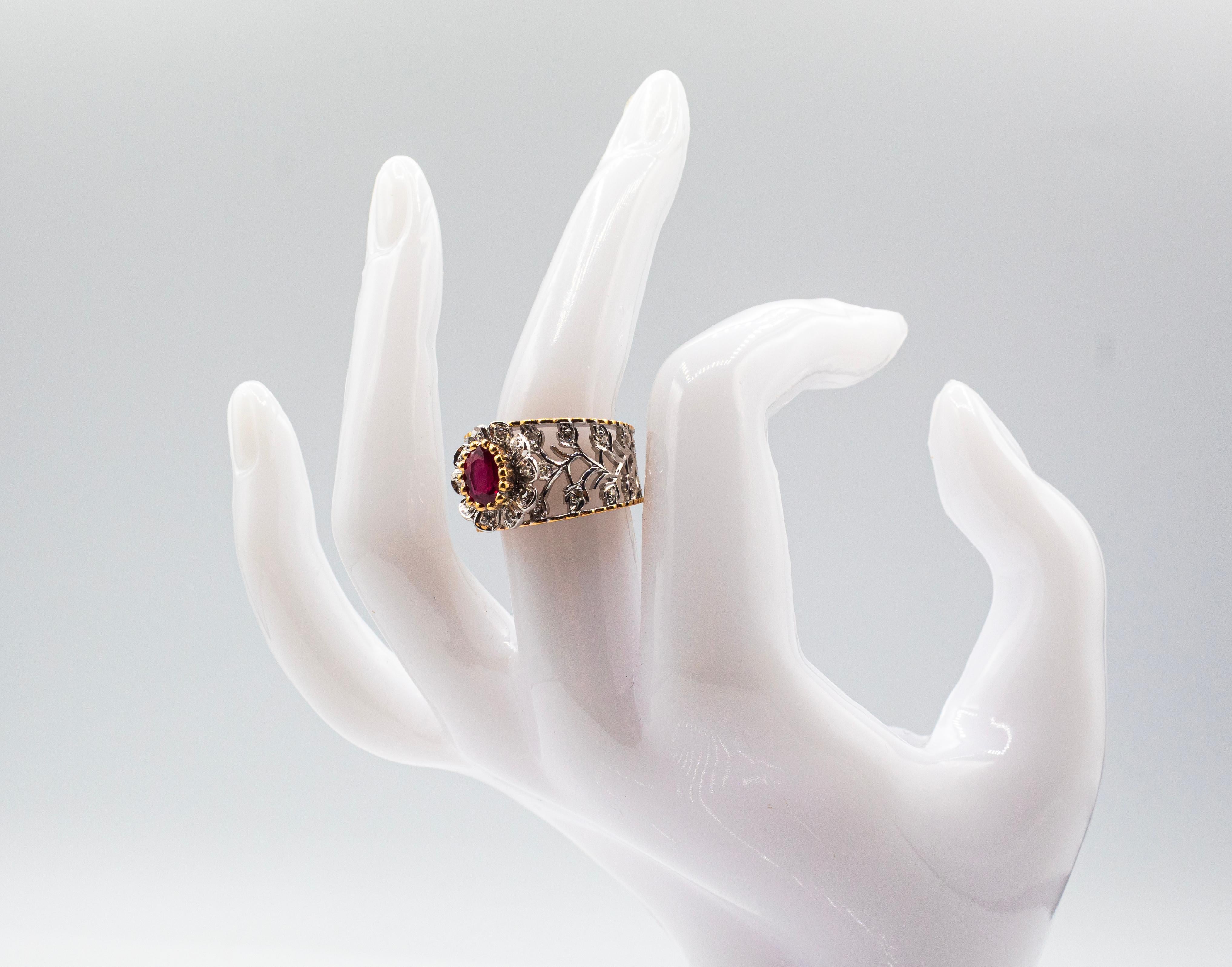 Art Deco Style White Modern Round Cut Diamond Ruby Yellow Gold Band Ring For Sale 14