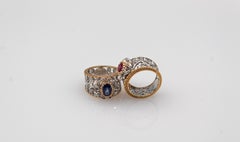 Art Deco Style White Modern Round Cut Diamond Ruby Yellow Gold Band Ring