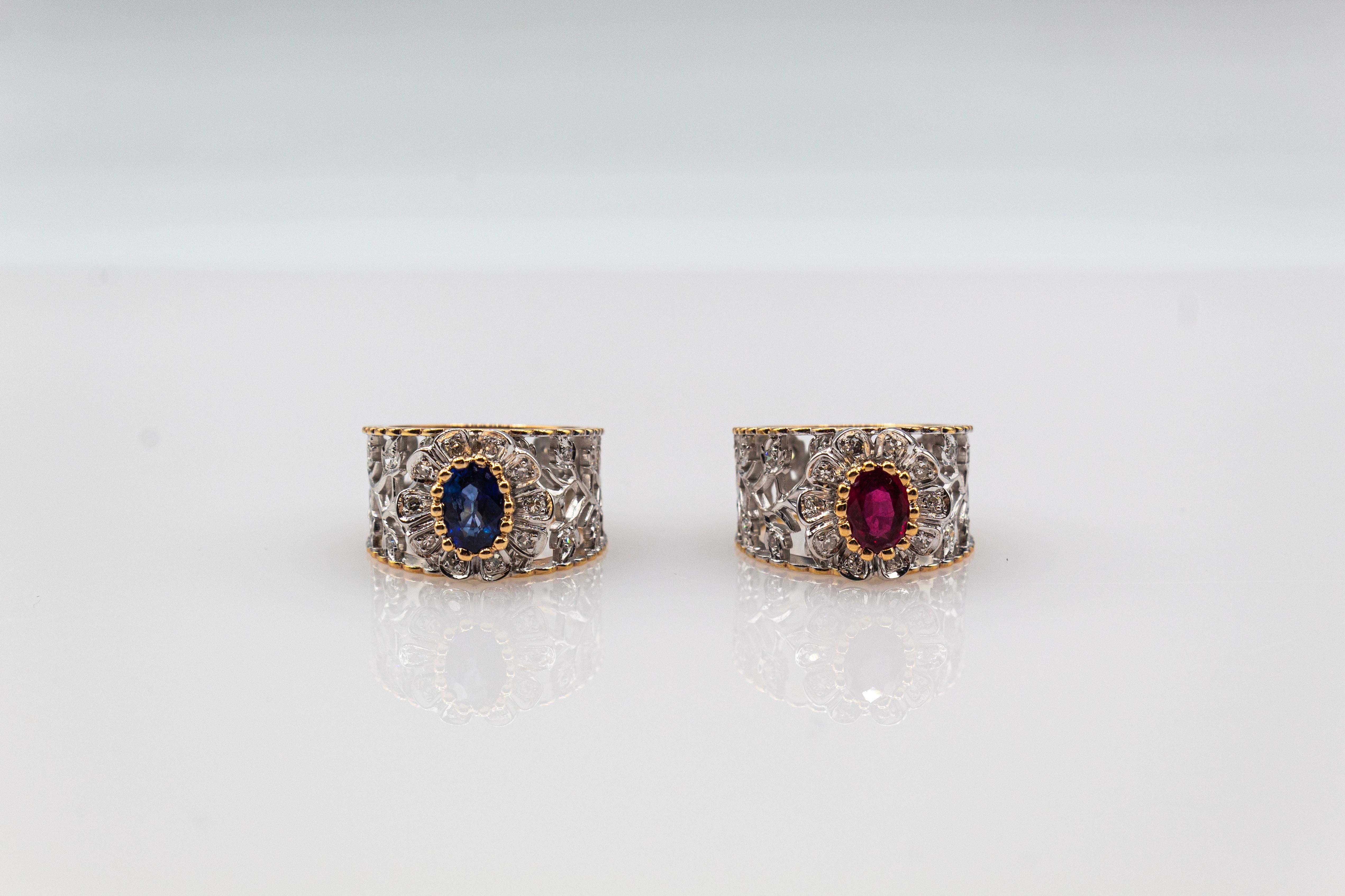 Women's or Men's Art Deco Style White Modern Round Cut Diamond Ruby Yellow Gold Band Ring For Sale