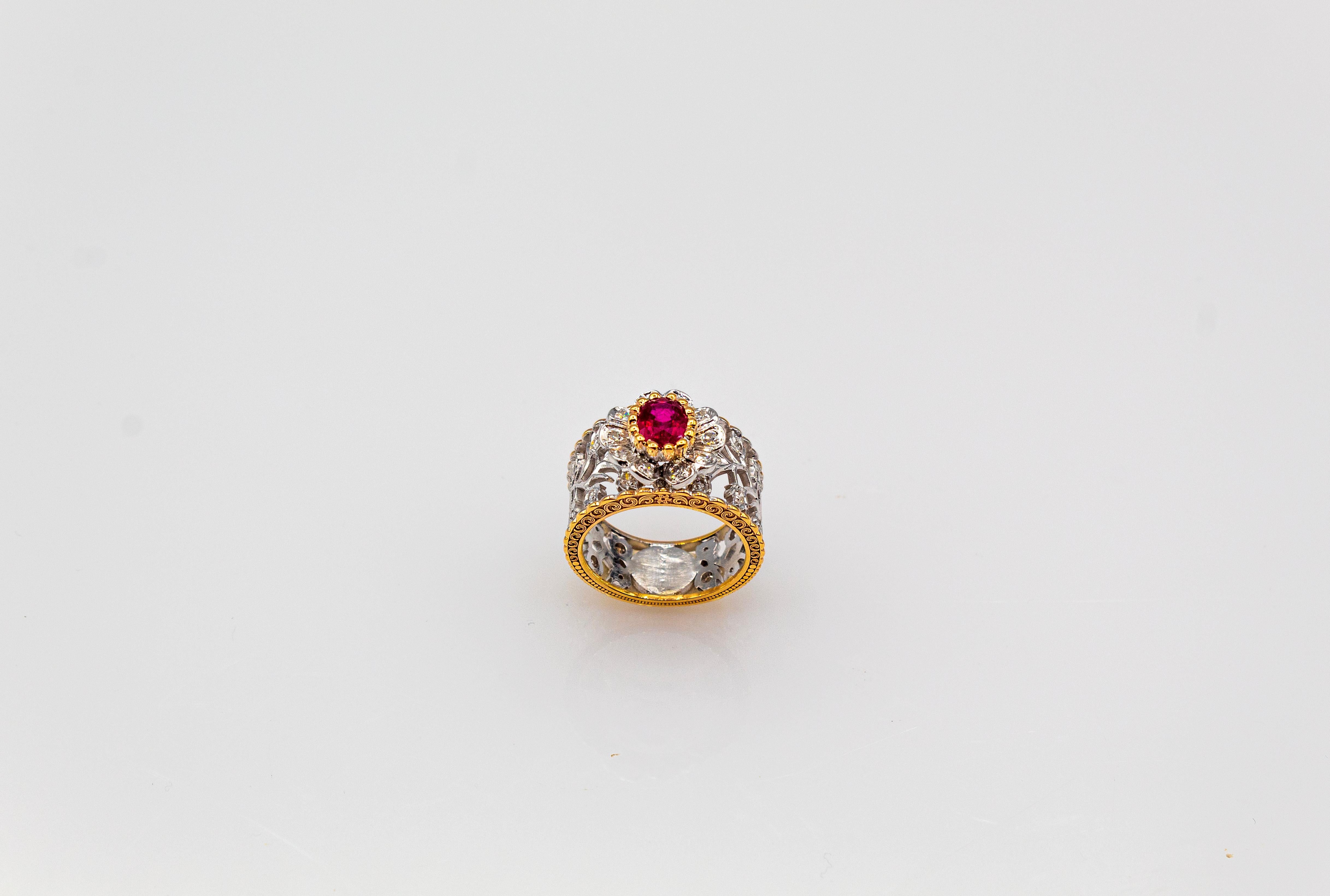 Art Deco Style White Modern Round Cut Diamond Ruby Yellow Gold Band Ring For Sale 2