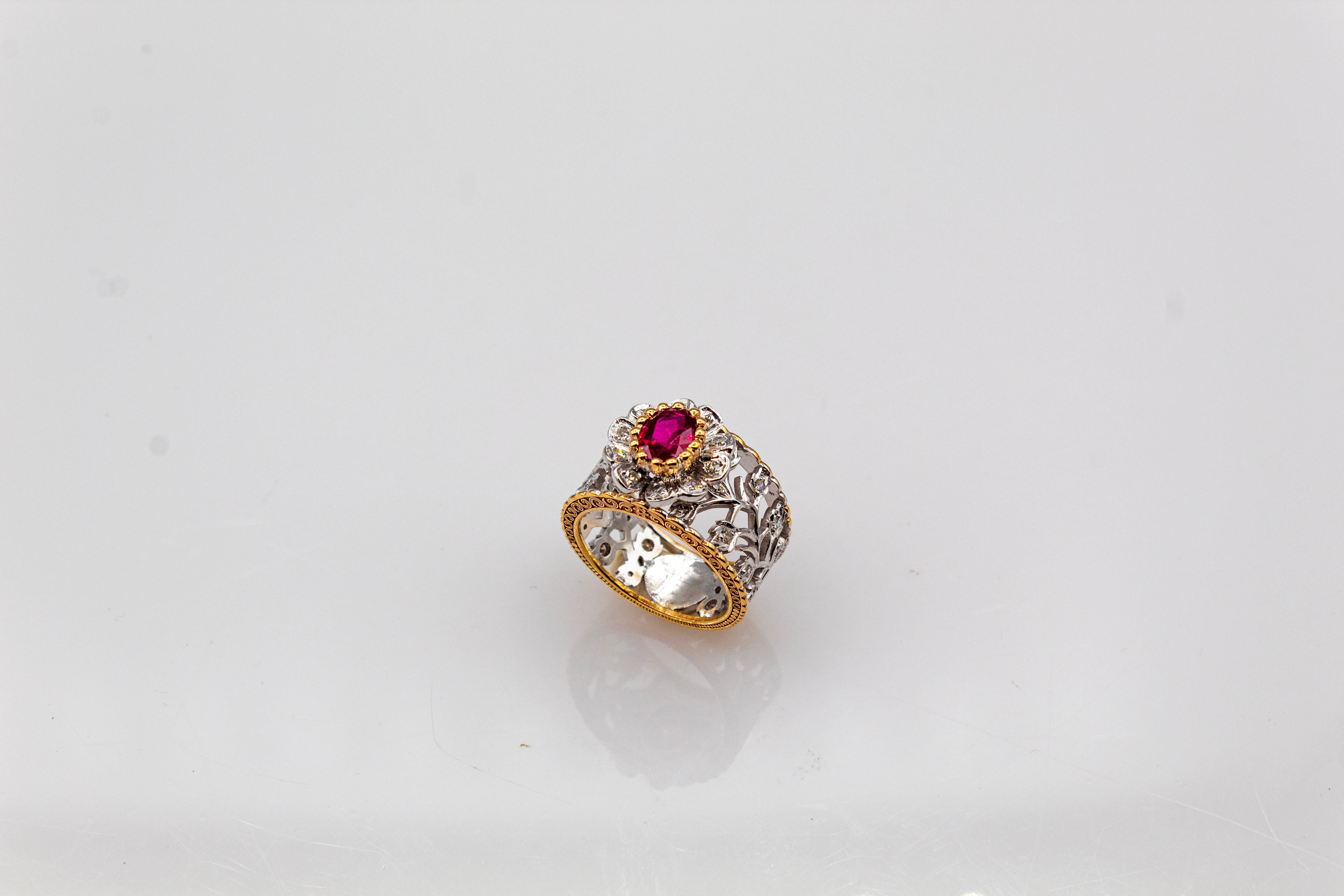 Art Deco Style White Modern Round Cut Diamond Ruby Yellow Gold Band Ring For Sale 3