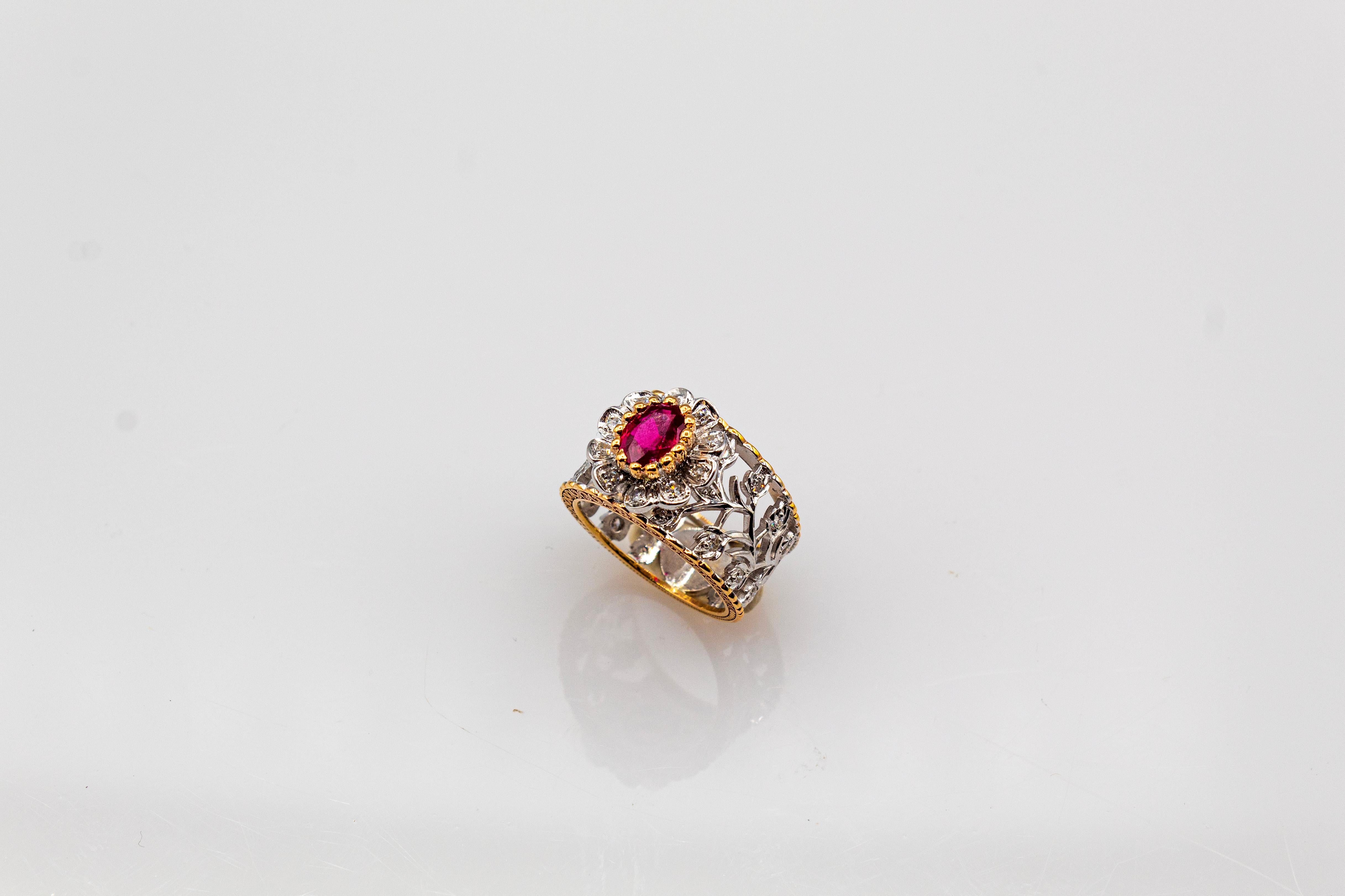 Art Deco Style White Modern Round Cut Diamond Ruby Yellow Gold Band Ring For Sale 4
