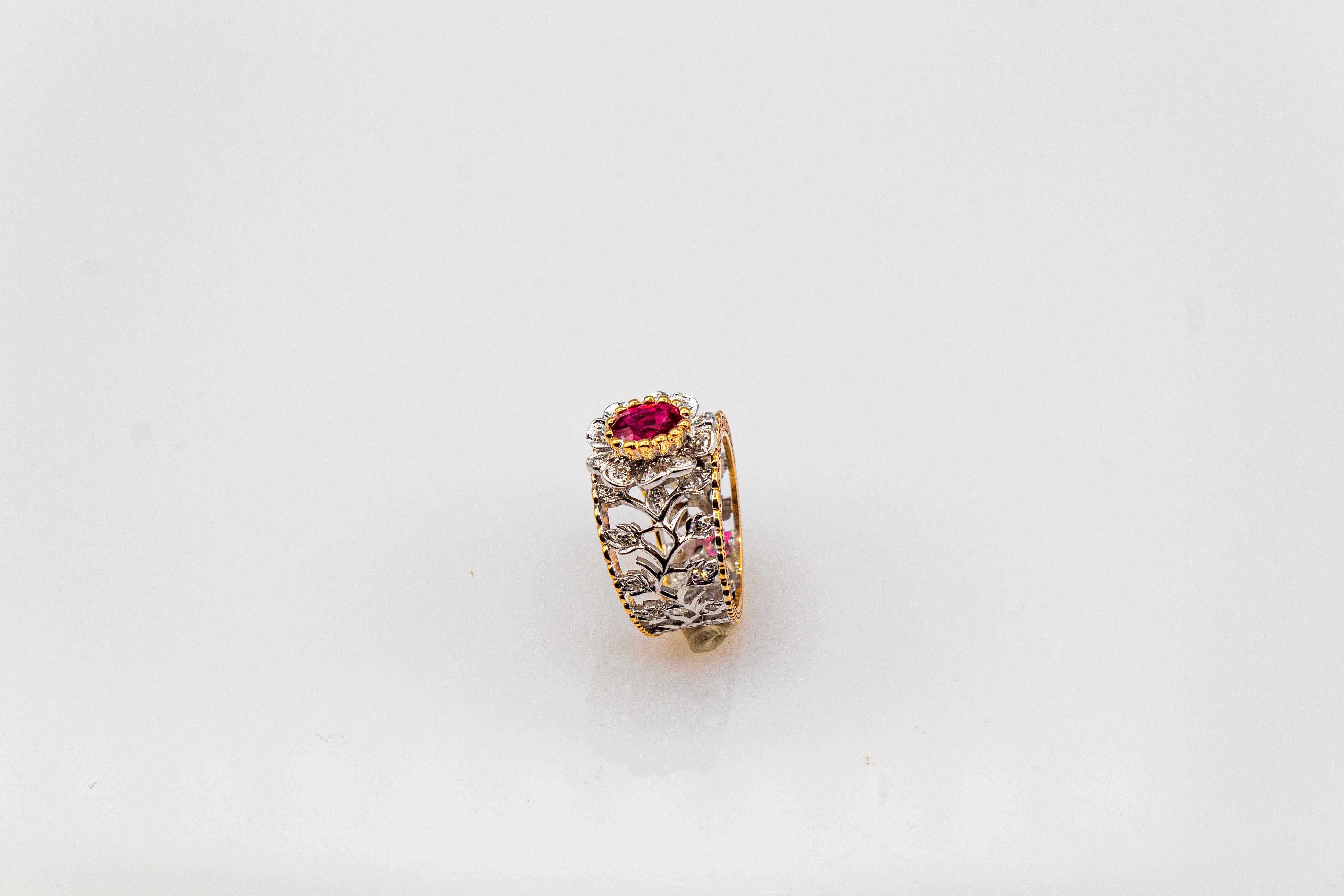 Art Deco Style White Modern Round Cut Diamond Ruby Yellow Gold Band Ring For Sale 5