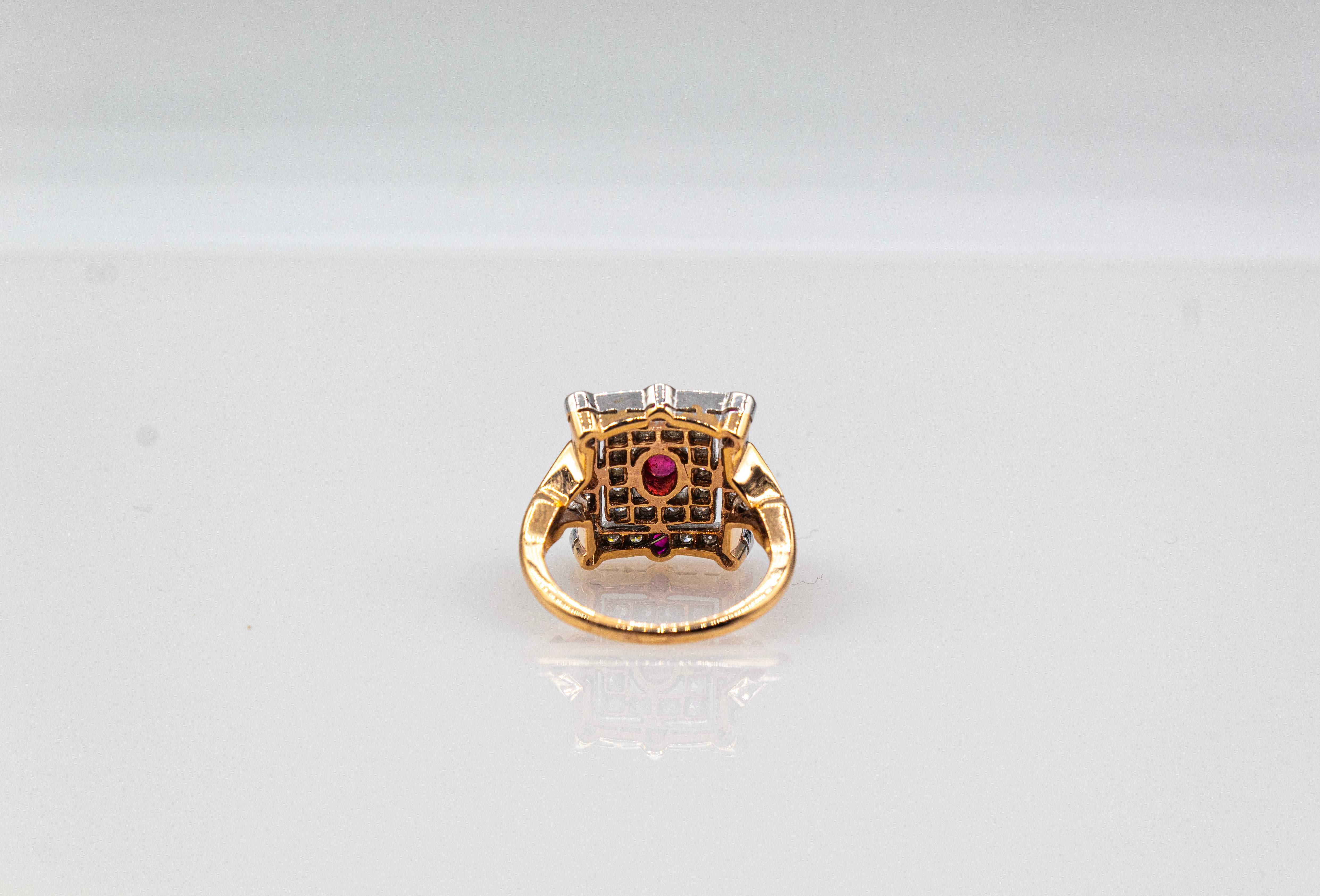 Art Deco Style White Modern Round Cut Diamond Ruby Yellow Gold Cocktail Ring For Sale 6