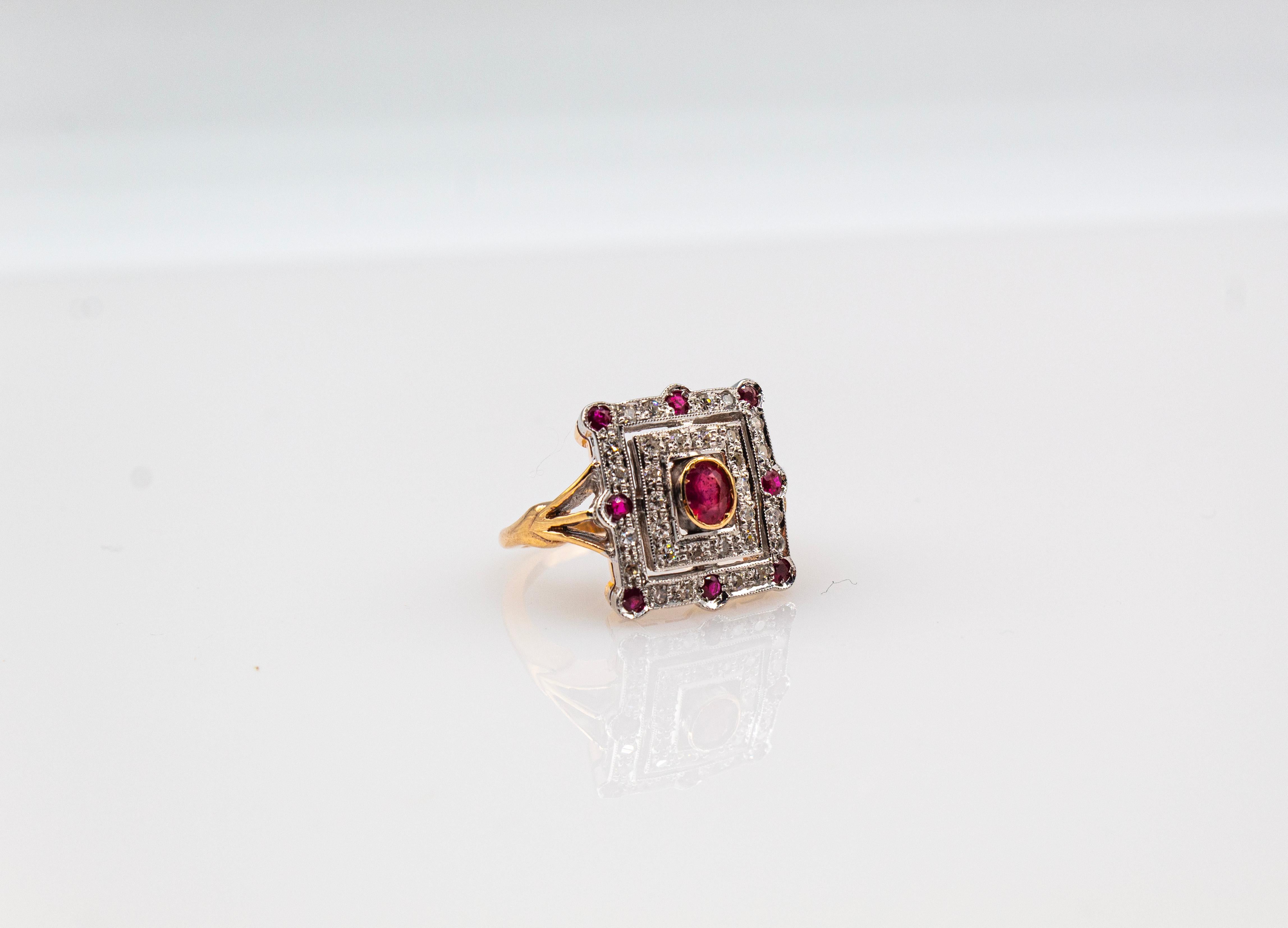 Art Deco Style White Modern Round Cut Diamond Ruby Yellow Gold Cocktail Ring For Sale 7
